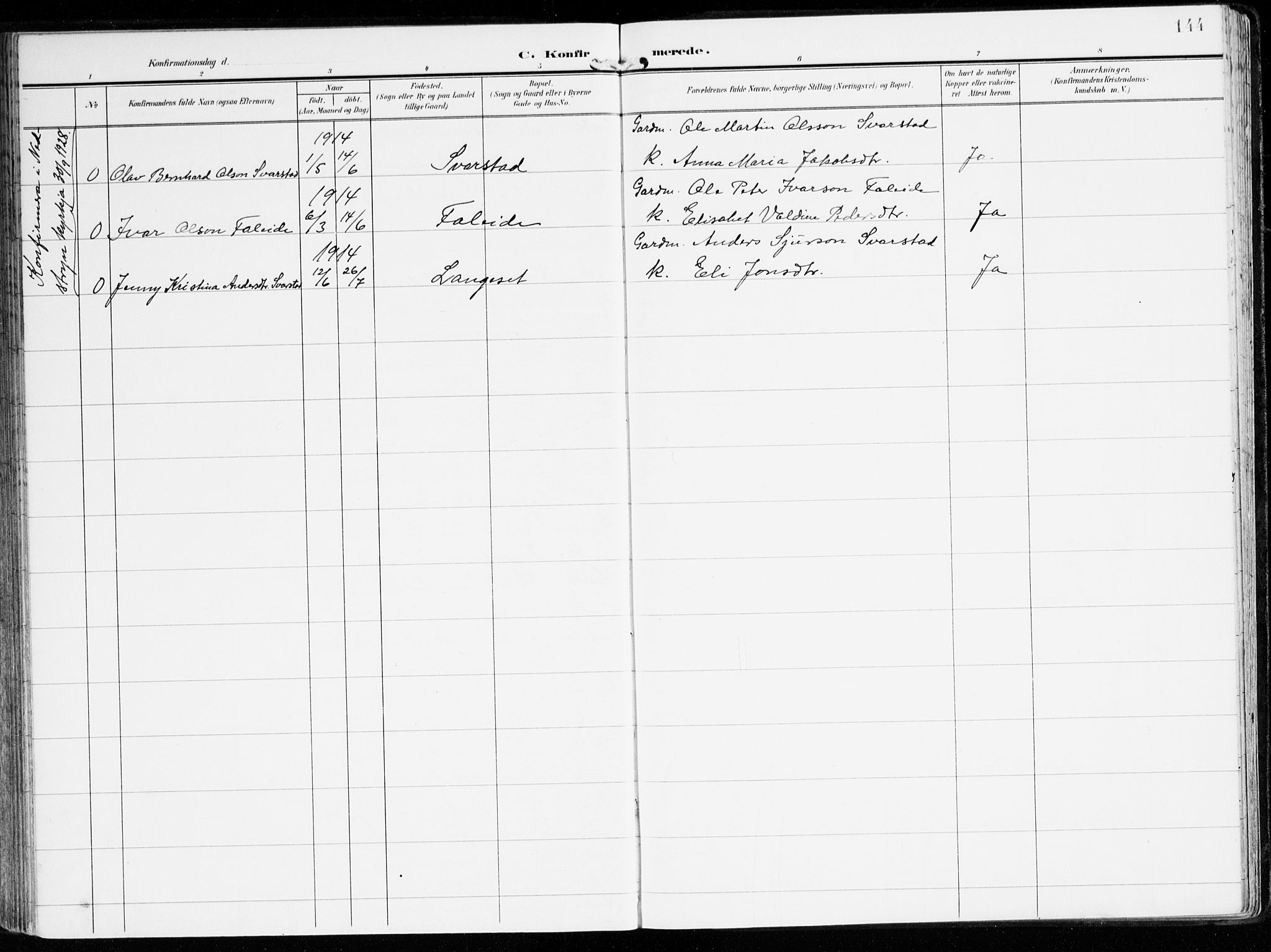 Innvik sokneprestembete, AV/SAB-A-80501: Parish register (official) no. B 2, 1903-1929, p. 144