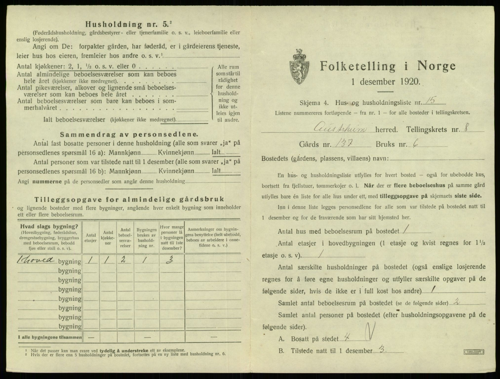 SAB, 1920 census for Austrheim, 1920, p. 412