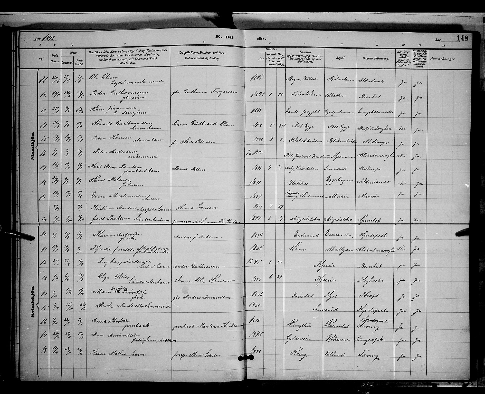 Gran prestekontor, SAH/PREST-112/H/Ha/Hab/L0004: Parish register (copy) no. 4, 1890-1899, p. 148