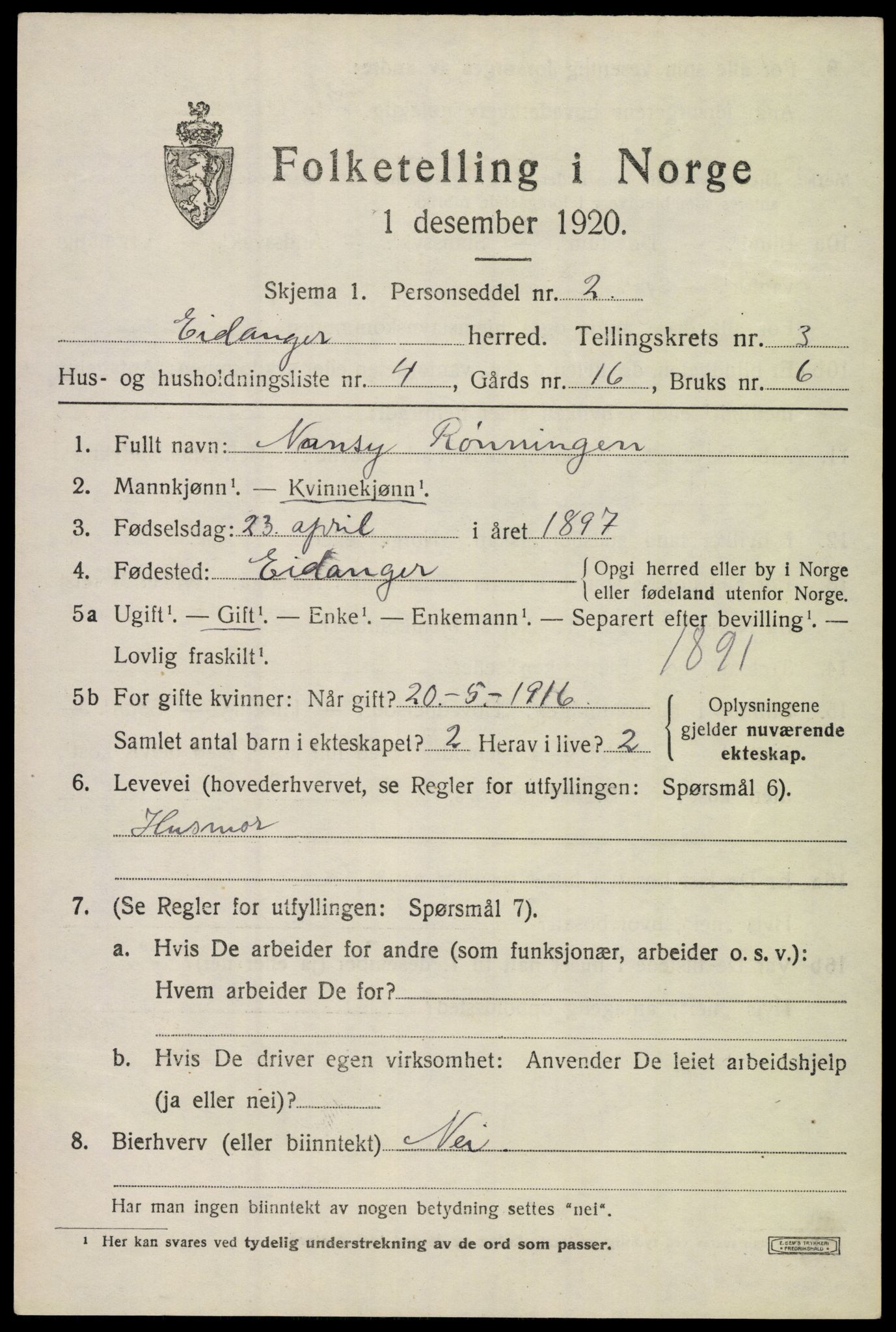 SAKO, 1920 census for Eidanger, 1920, p. 3390