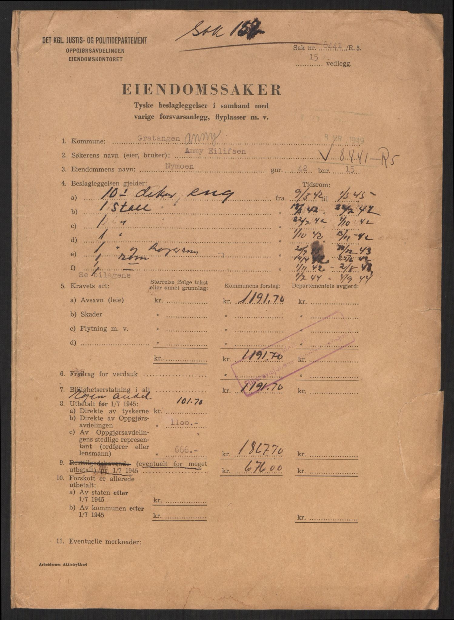 Forsvarsdepartementet, 10. kontor / Oppgjørskontoret, AV/RA-RAFA-1225/D/Dd/L0479: Troms, 1941-1956, p. 105