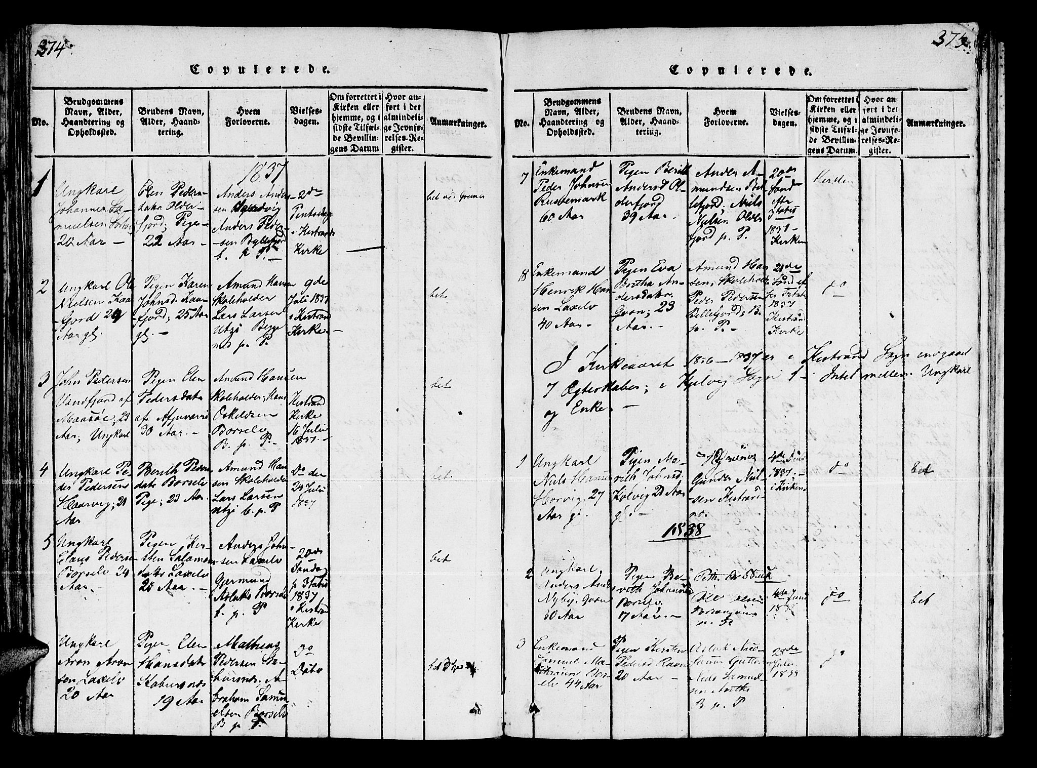 Kistrand/Porsanger sokneprestembete, SATØ/S-1351/H/Ha/L0003.kirke: Parish register (official) no. 3, 1825-1842, p. 374-375