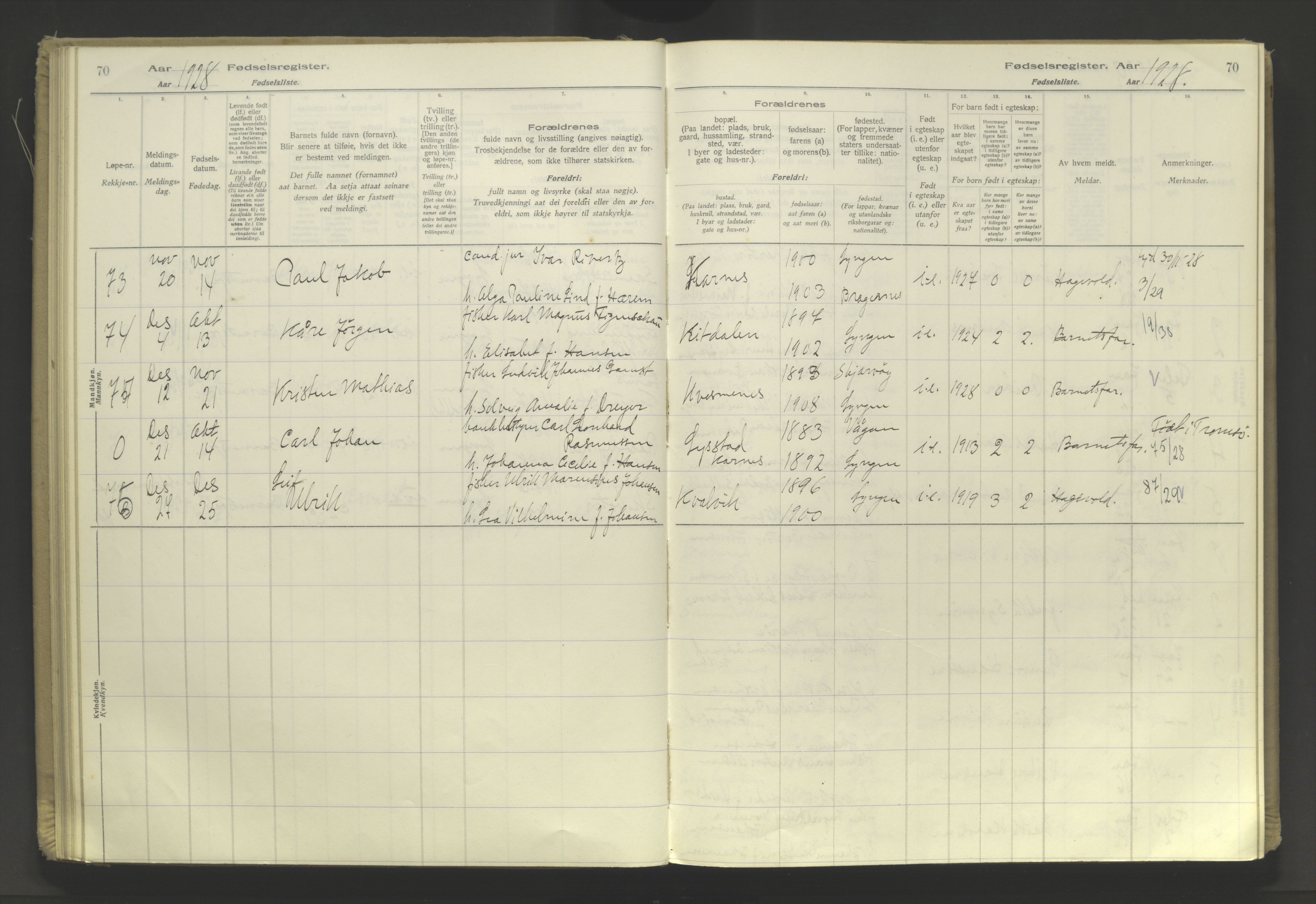 Lyngen sokneprestembete, AV/SATØ-S-1289/I/Ia/L0076: Birth register no. 76, 1924-1945, p. 70