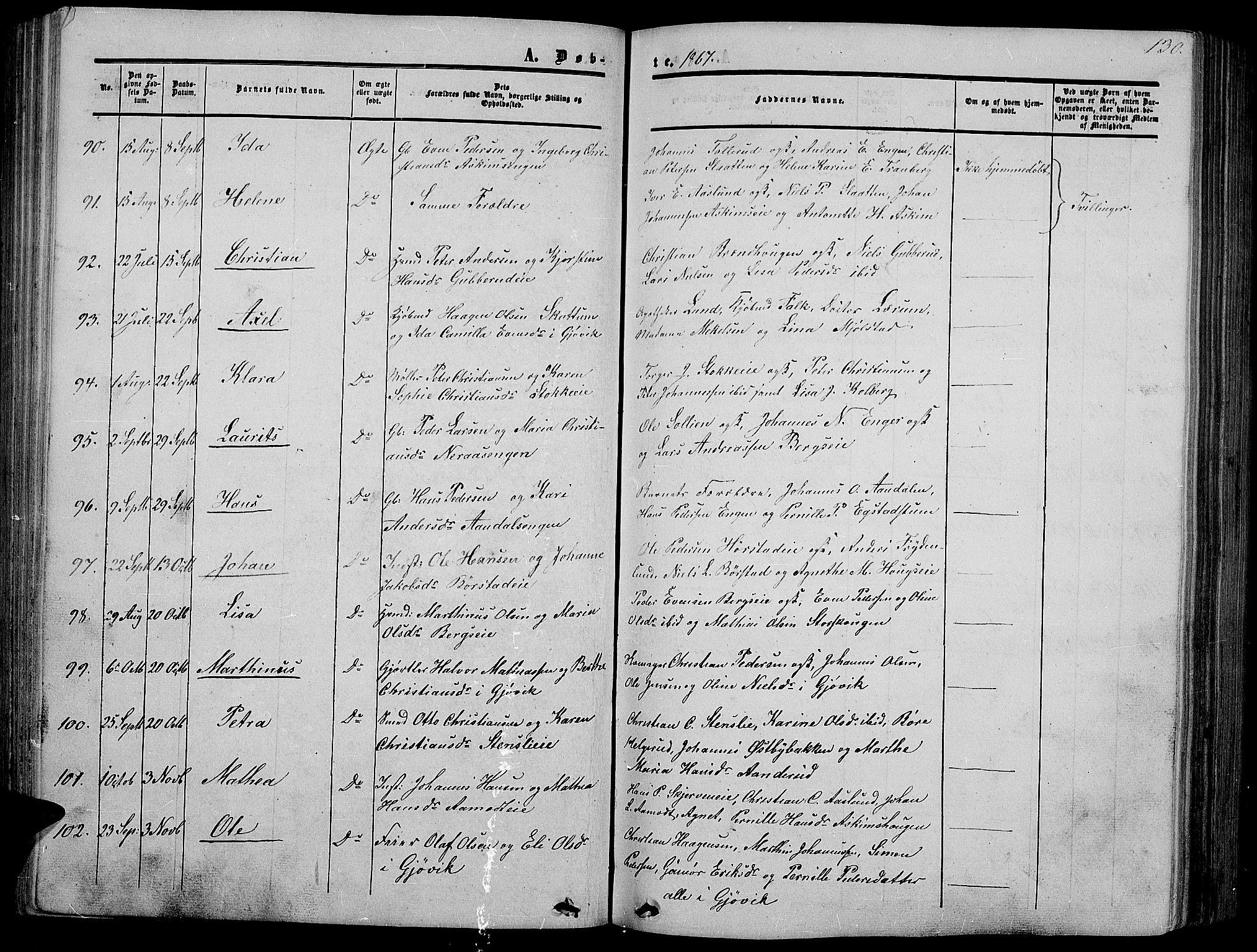 Vardal prestekontor, SAH/PREST-100/H/Ha/Hab/L0005: Parish register (copy) no. 5, 1854-1868, p. 130