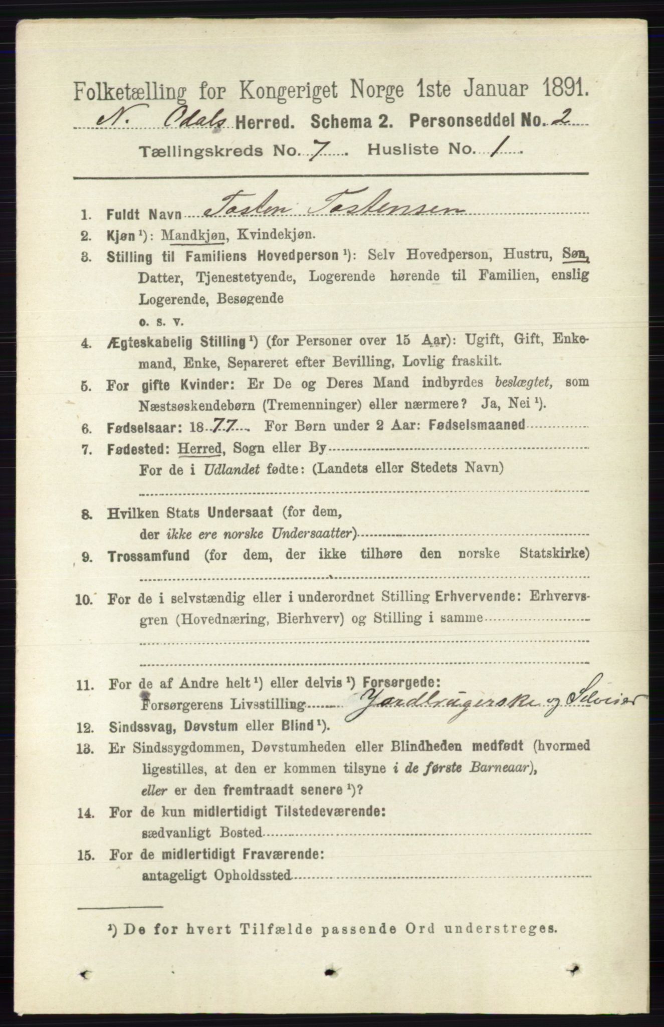 RA, 1891 census for 0418 Nord-Odal, 1891, p. 2837