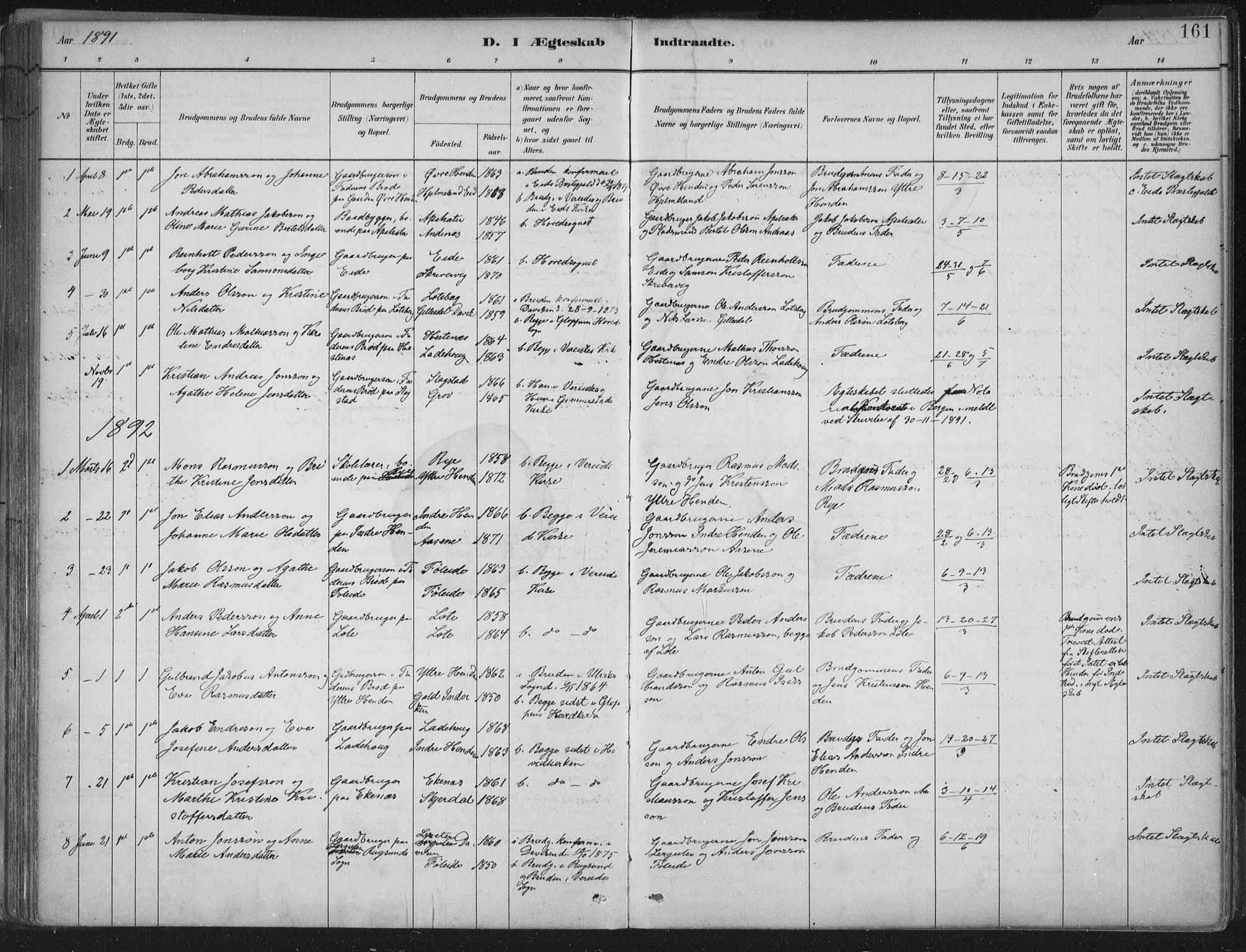 Gloppen sokneprestembete, AV/SAB-A-80101/H/Haa/Haab/L0001: Parish register (official) no. B  1, 1885-1905, p. 161