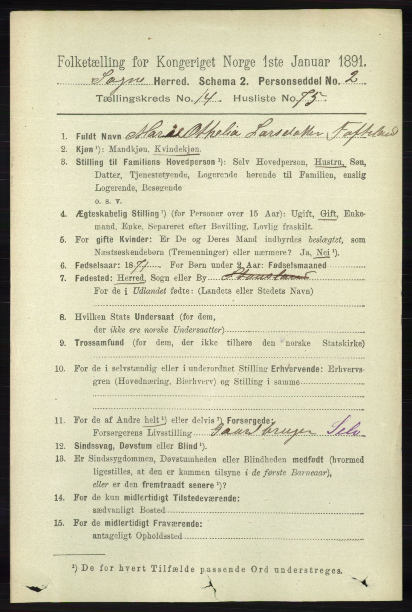 RA, 1891 census for 1018 Søgne, 1891, p. 3792