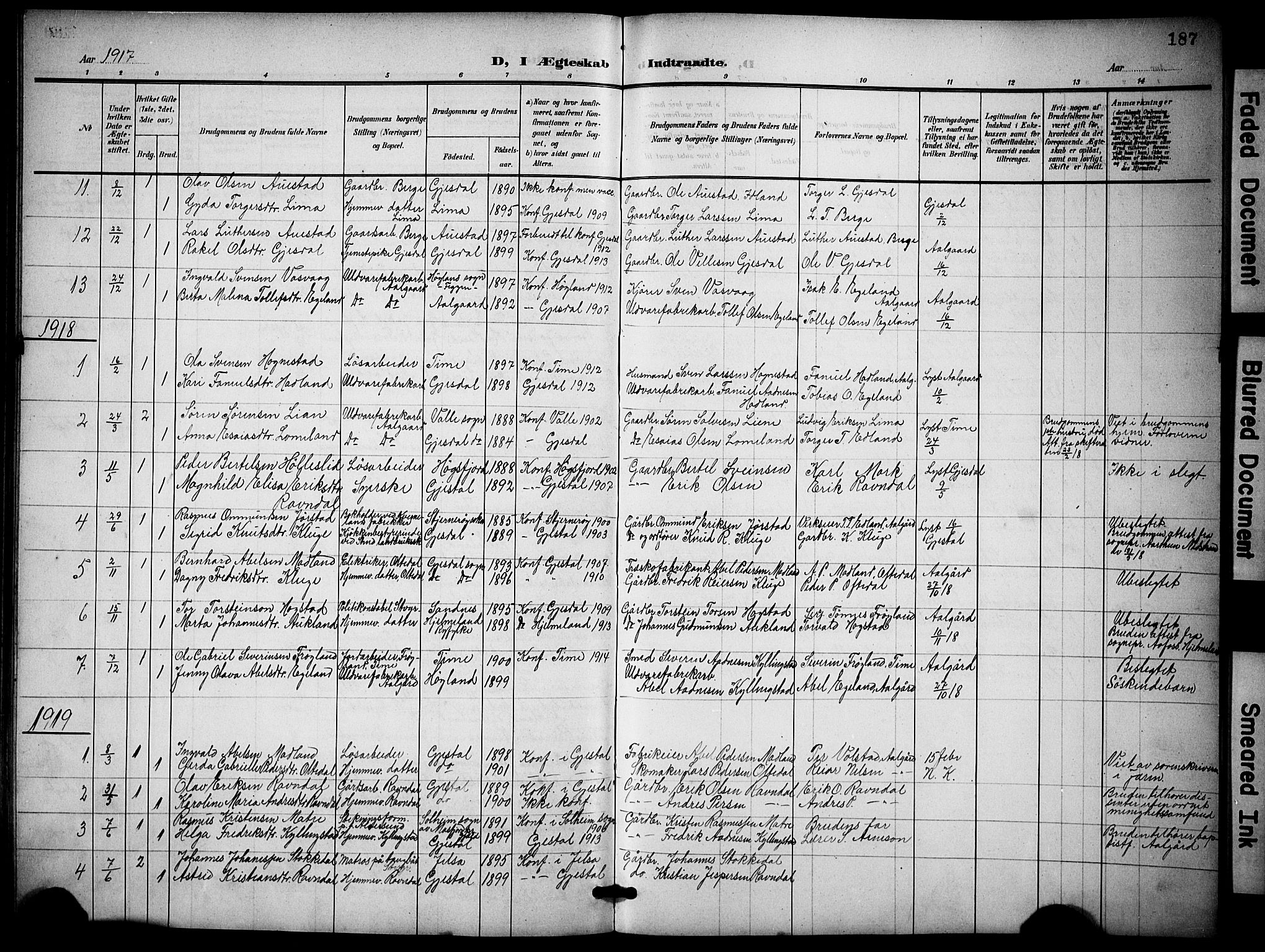 Lye sokneprestkontor, SAST/A-101794/001/30BB/L0009: Parish register (copy) no. B 9, 1902-1923, p. 187