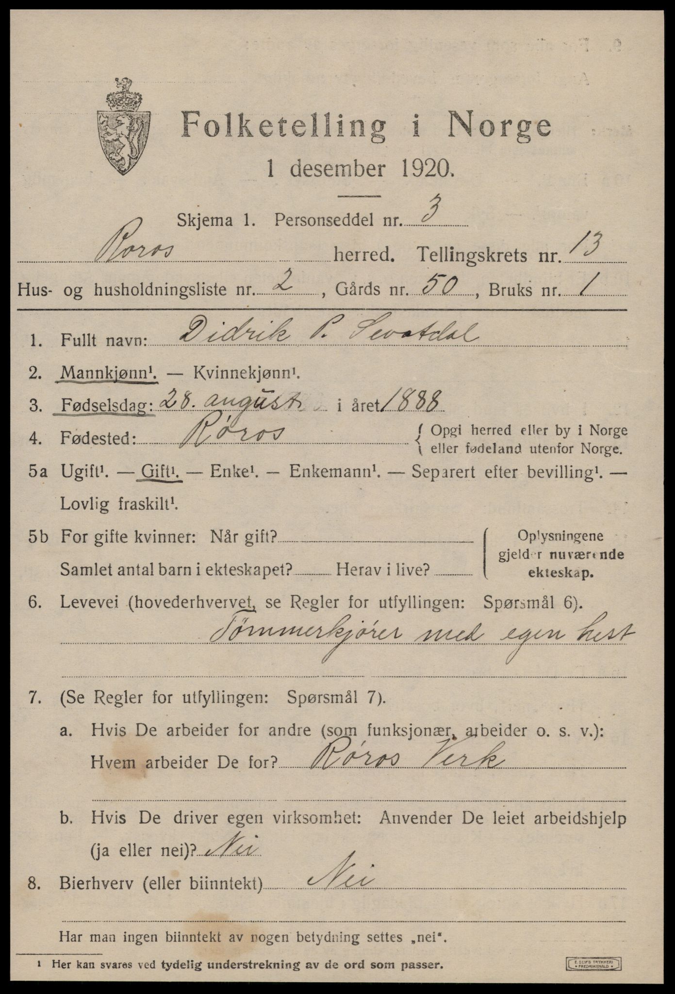 SAT, 1920 census for Røros, 1920, p. 9380