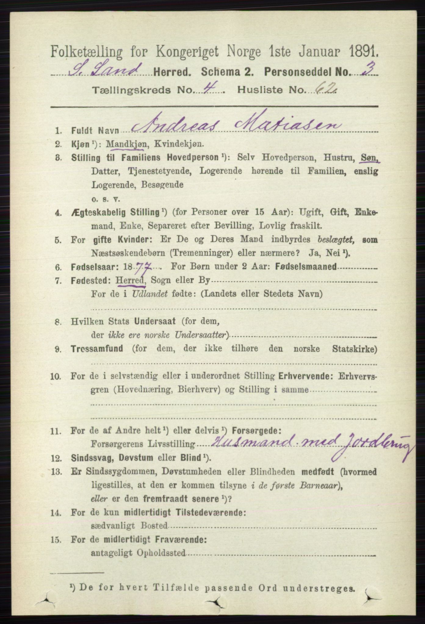 RA, 1891 census for 0536 Søndre Land, 1891, p. 4352
