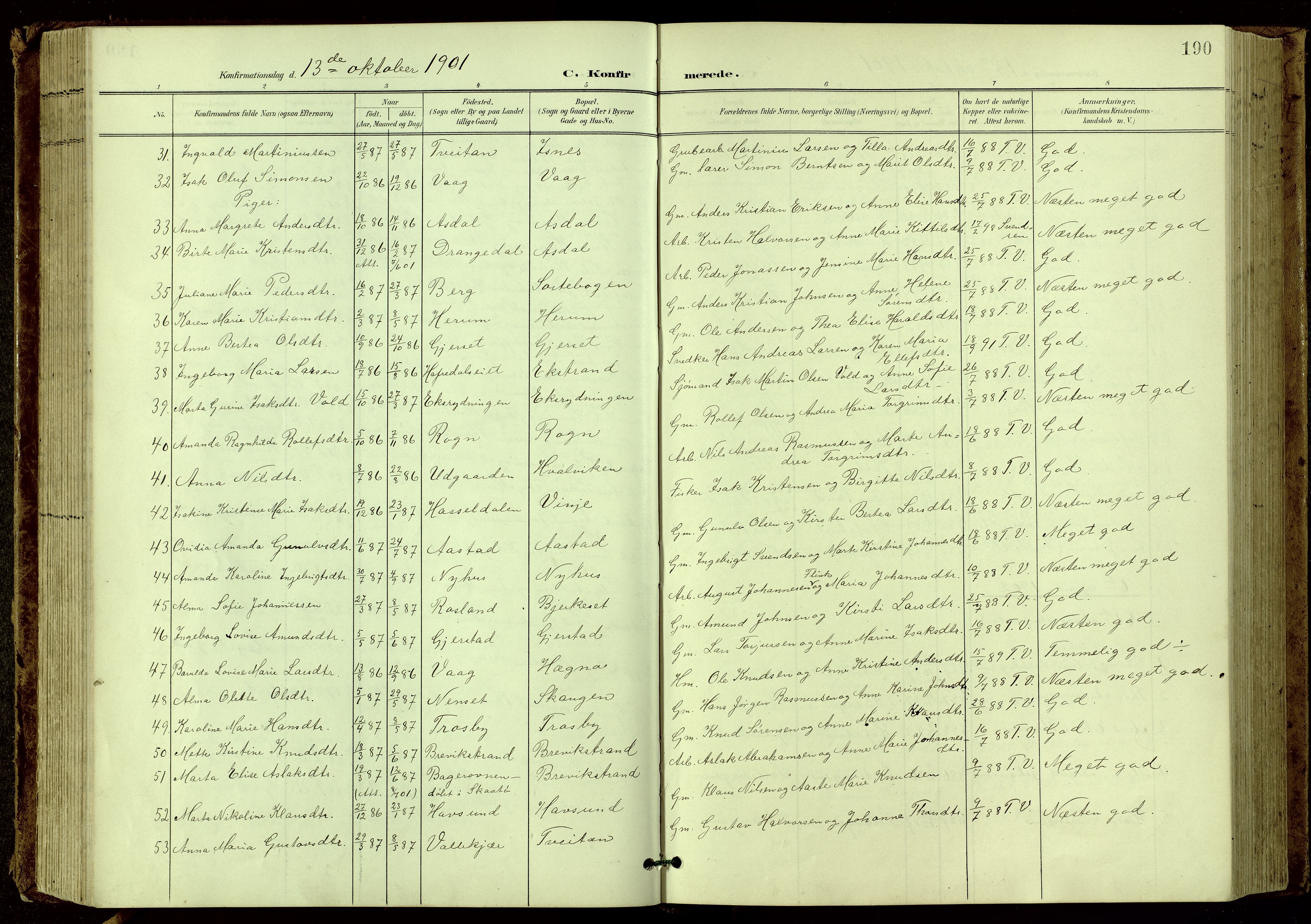 Bamble kirkebøker, SAKO/A-253/G/Ga/L0010: Parish register (copy) no. I 10, 1901-1919, p. 190