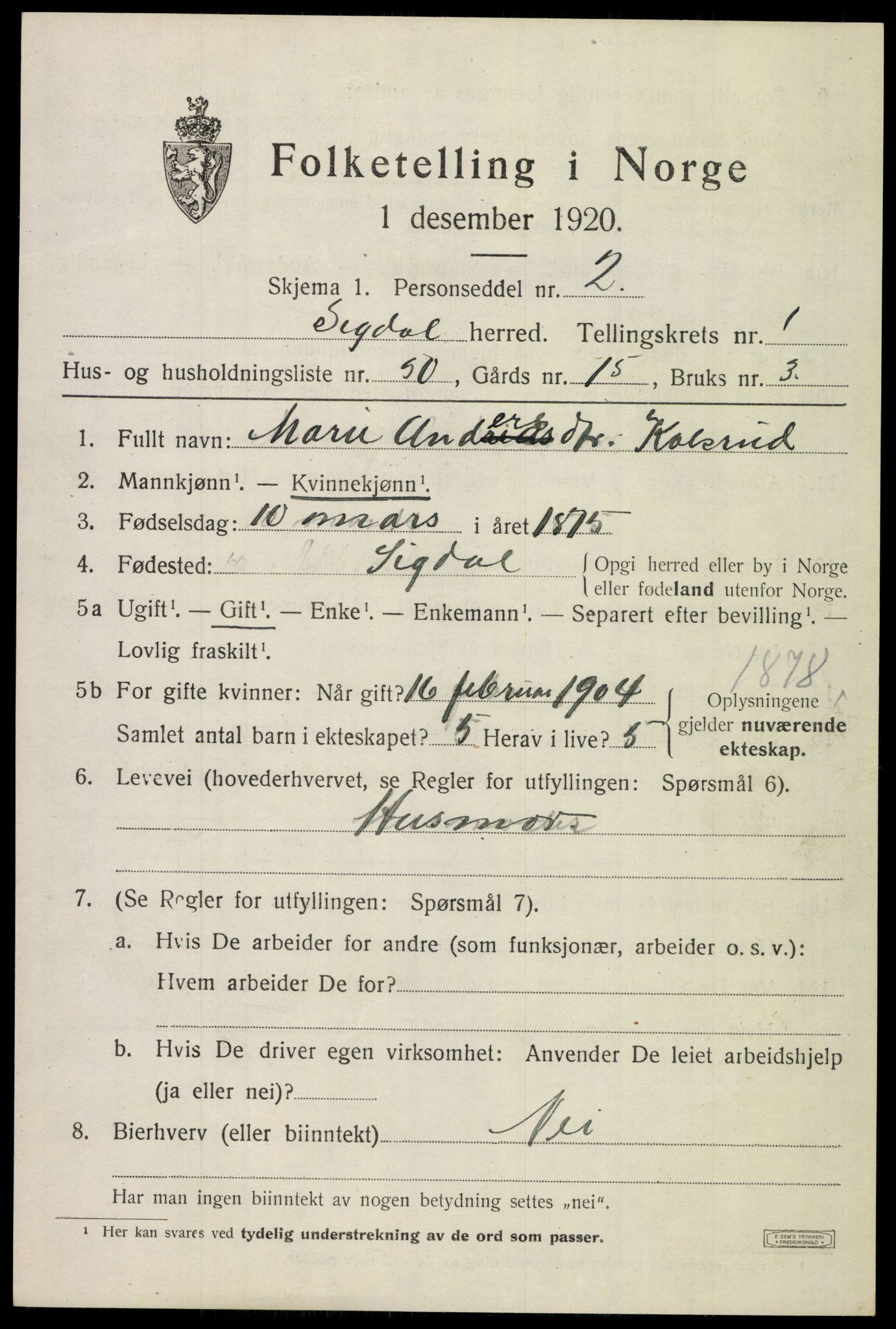 SAKO, 1920 census for Sigdal, 1920, p. 2010