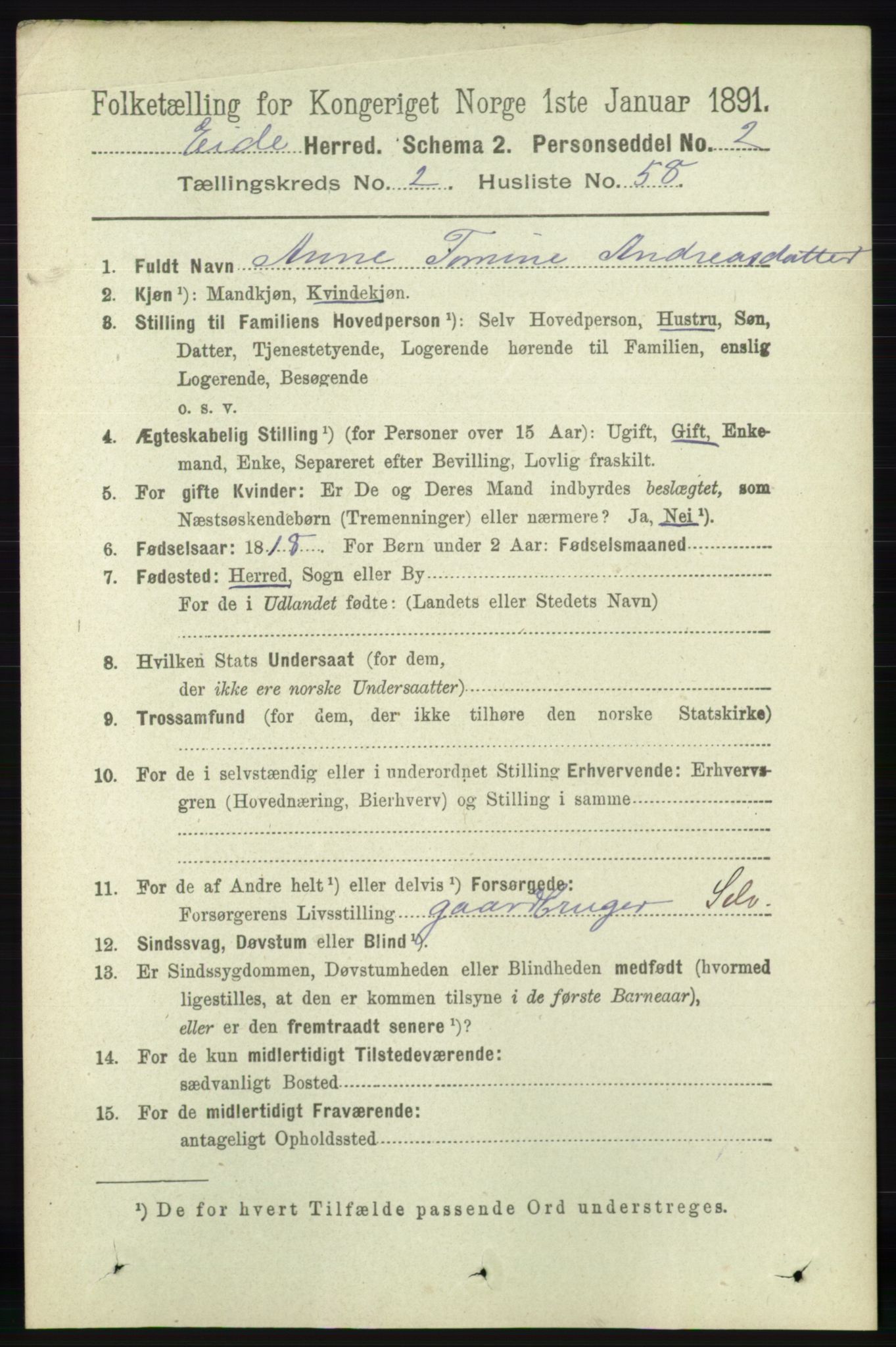 RA, 1891 census for 0925 Eide, 1891, p. 646