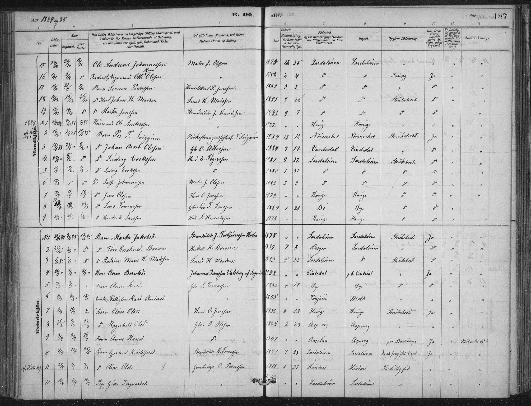 Lærdal sokneprestembete, SAB/A-81201: Parish register (official) no. D  1, 1878-1908, p. 187