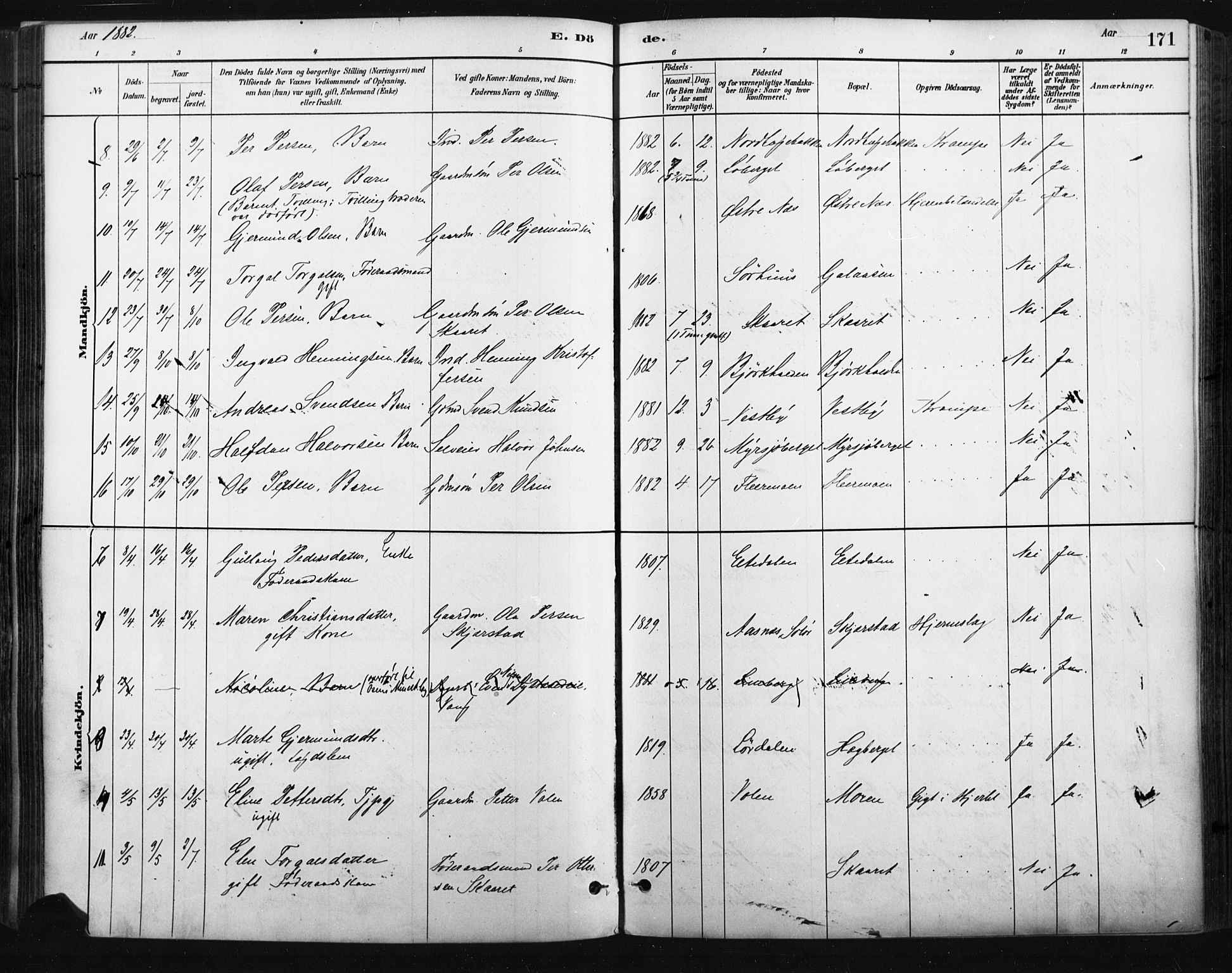 Trysil prestekontor, AV/SAH-PREST-046/H/Ha/Haa/L0009: Parish register (official) no. 9, 1881-1897, p. 171