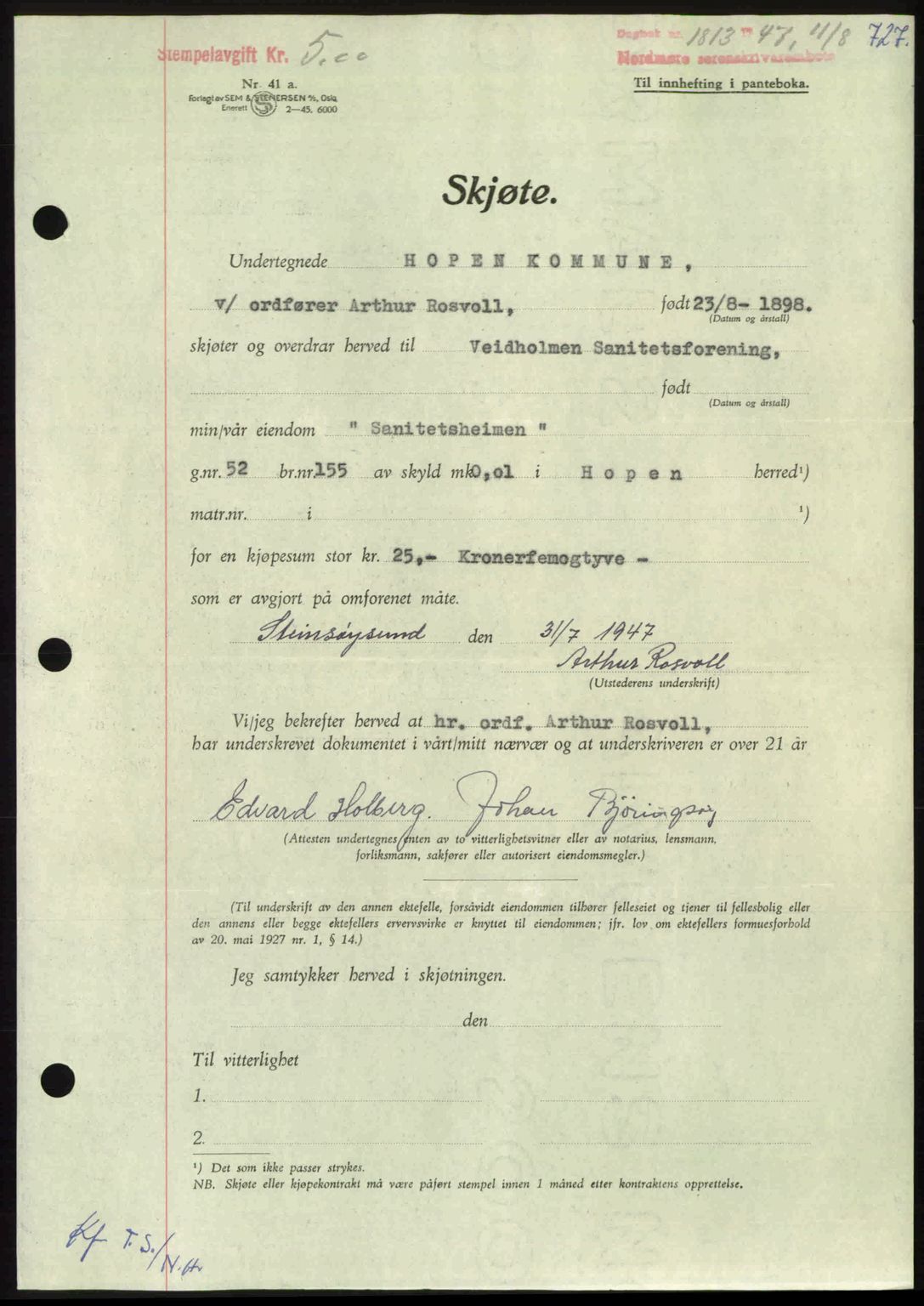 Nordmøre sorenskriveri, AV/SAT-A-4132/1/2/2Ca: Mortgage book no. A105, 1947-1947, Diary no: : 1813/1947