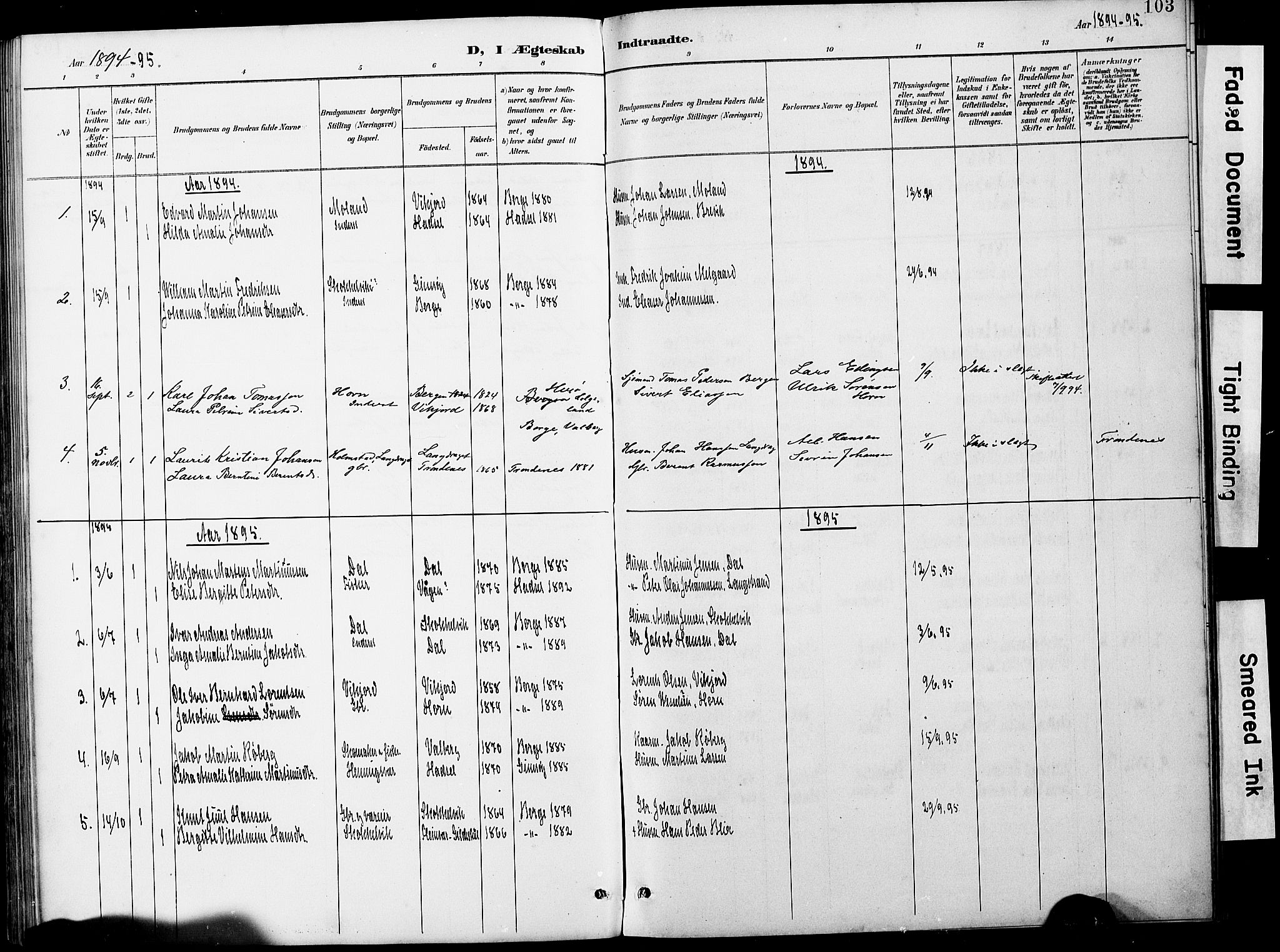 Ministerialprotokoller, klokkerbøker og fødselsregistre - Nordland, AV/SAT-A-1459/884/L1197: Parish register (copy) no. 884C03, 1888-1926, p. 103