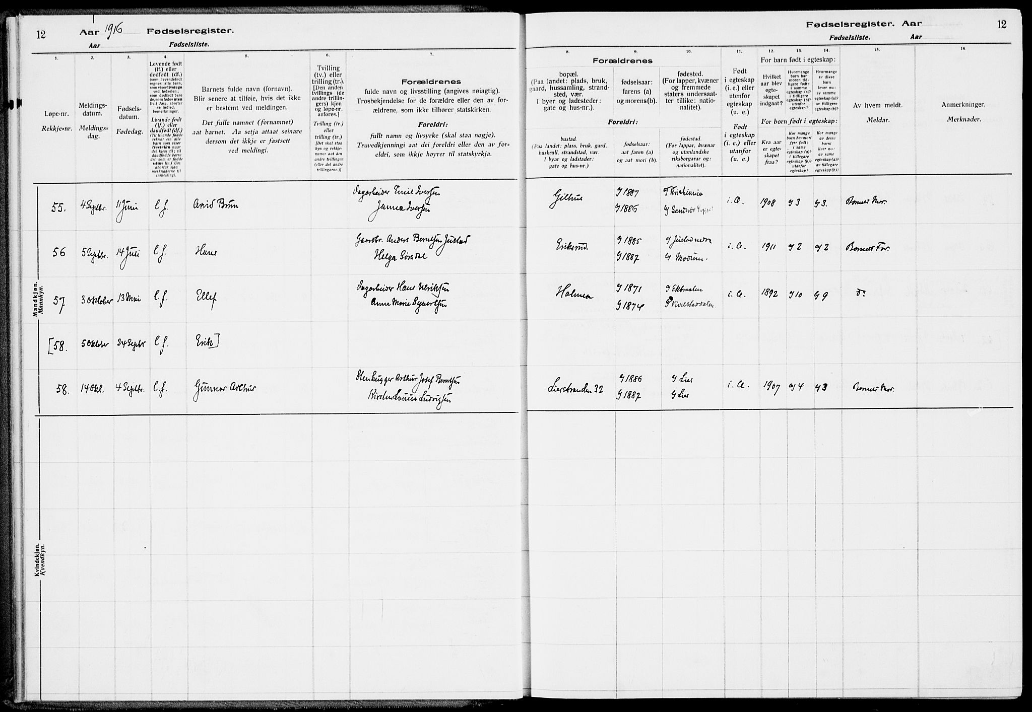 Lier kirkebøker, AV/SAKO-A-230/J/Ja/L0001: Birth register no. 1, 1916-1928, p. 12