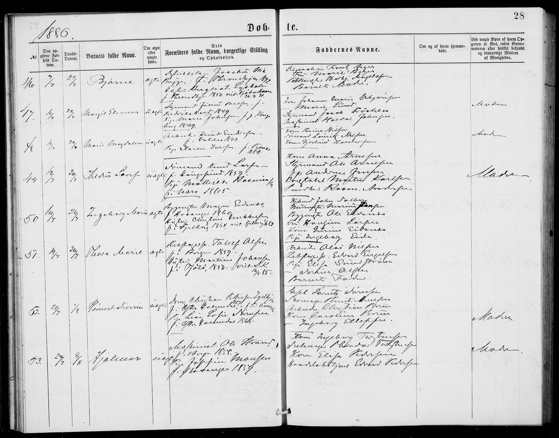 Fødselsstiftelsens sokneprestembete, ført av overlegen*, SAB/-: Parish register (official) no. A 2, 1884-1900, p. 28