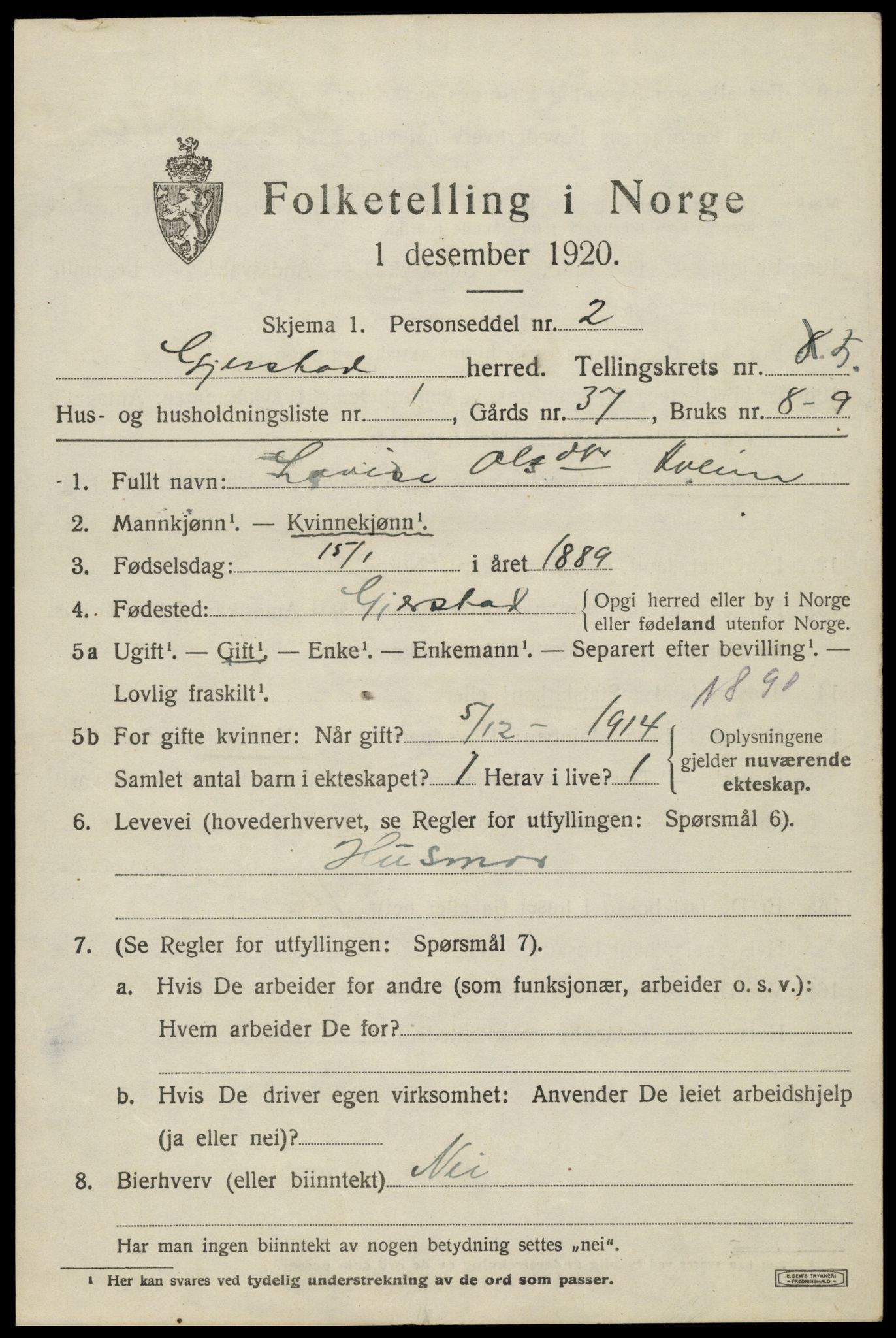 SAK, 1920 census for Gjerstad, 1920, p. 3263