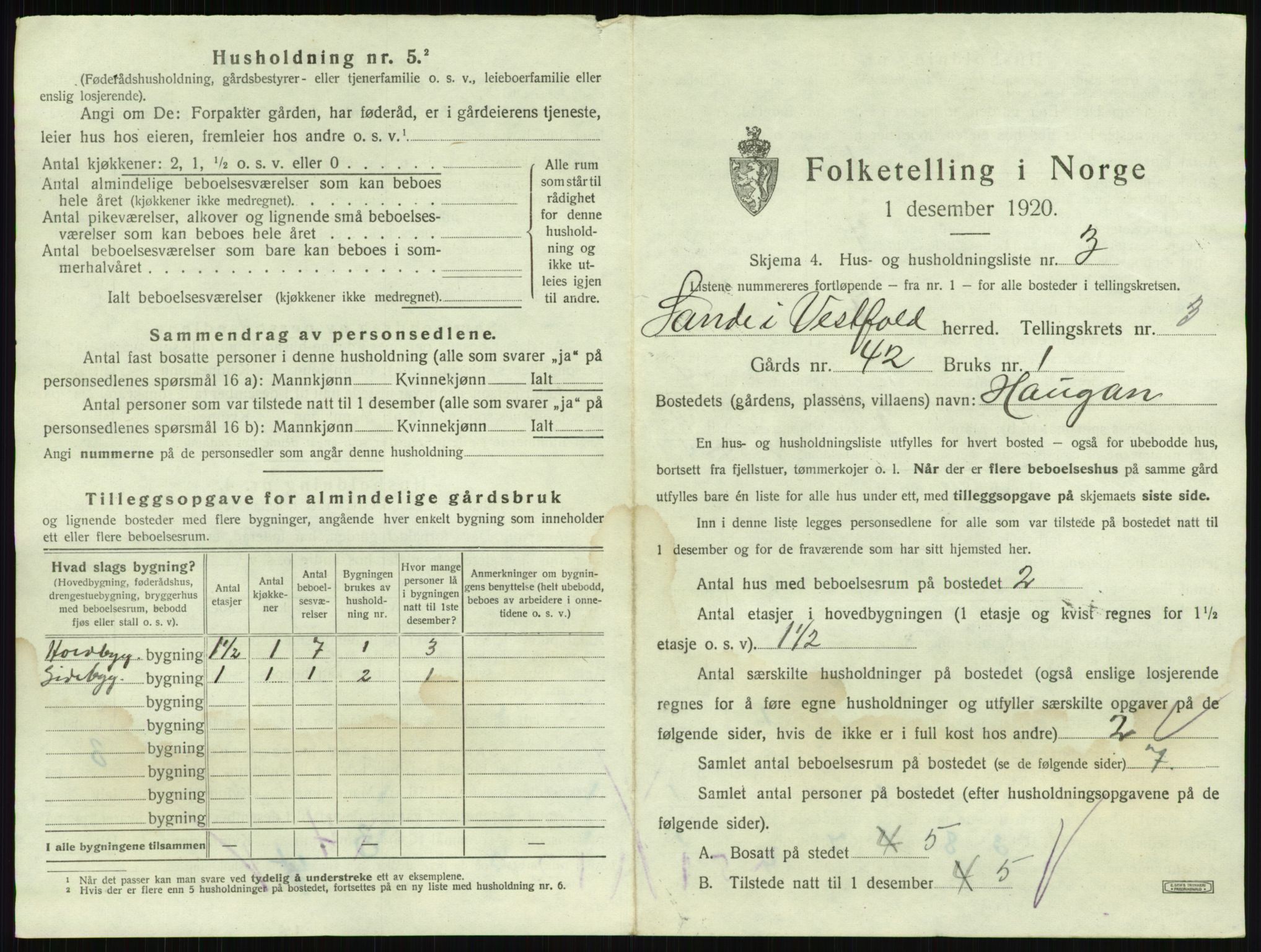 SAKO, 1920 census for Sande, 1920, p. 499