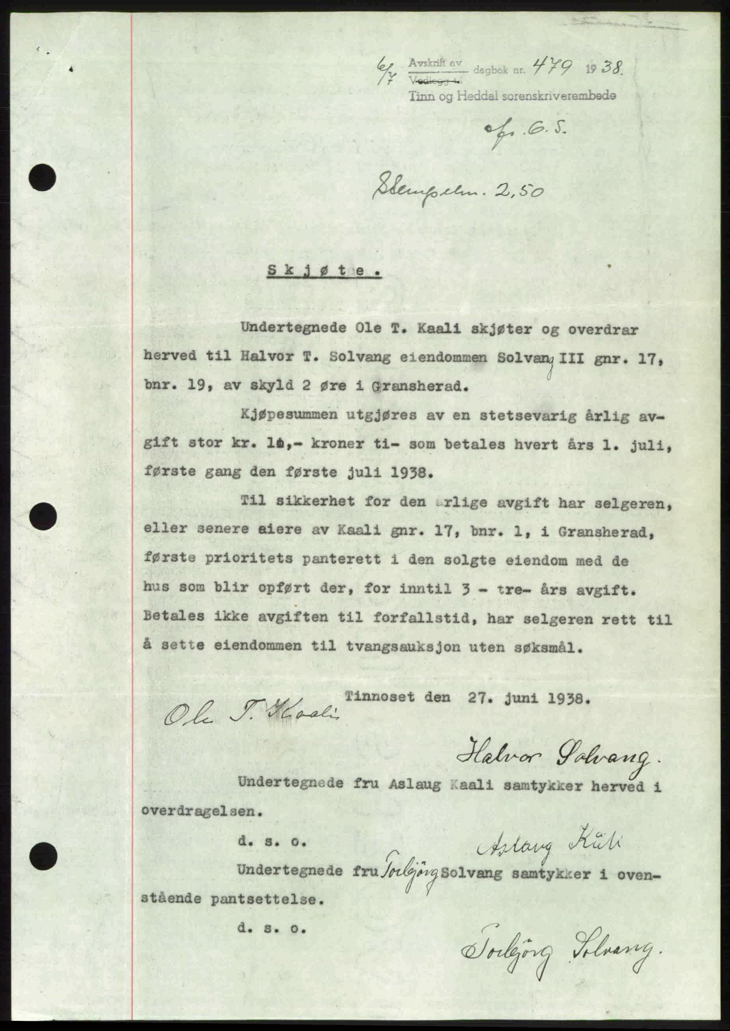 Tinn og Heddal sorenskriveri, AV/SAKO-A-212/G/Ga/L0003: Mortgage book no. 3, 1937-1938, Diary no: : 479/1938