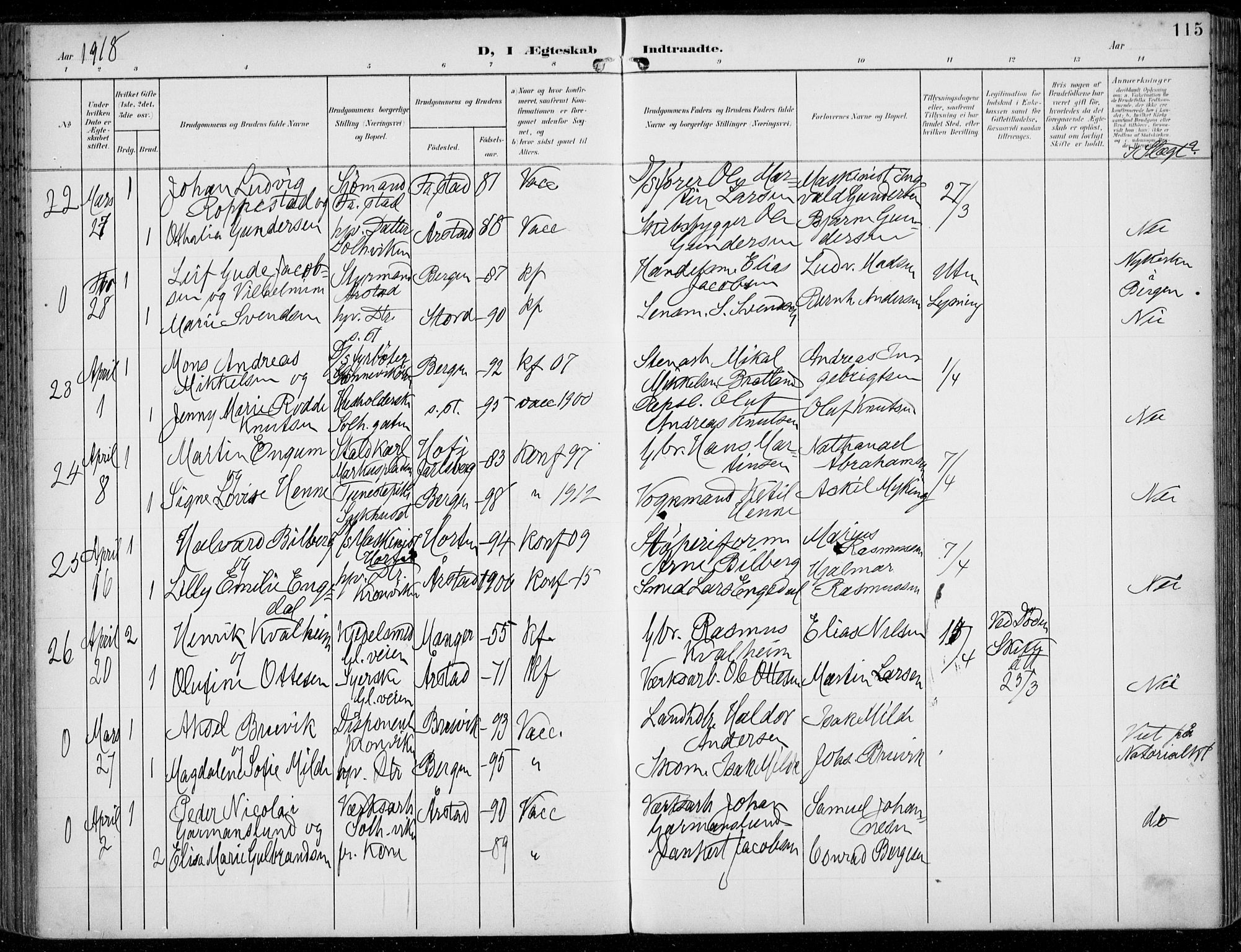 Årstad Sokneprestembete, AV/SAB-A-79301/H/Haa/L0009: Parish register (official) no. C 1, 1902-1918, p. 115