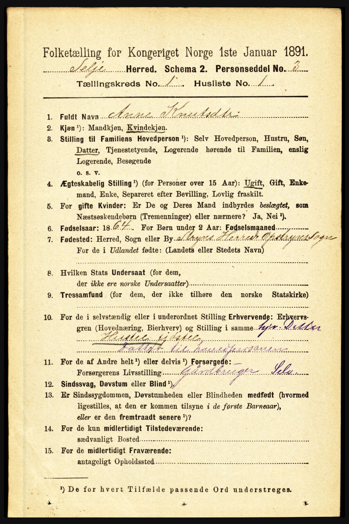 RA, 1891 census for 1441 Selje, 1891, p. 97