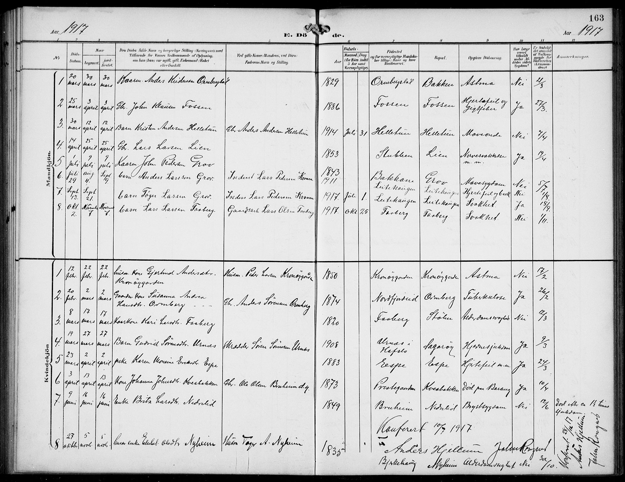 Jostedal sokneprestembete, AV/SAB-A-80601/H/Hab/Haba/L0002: Parish register (copy) no. A 2, 1907-1931, p. 163