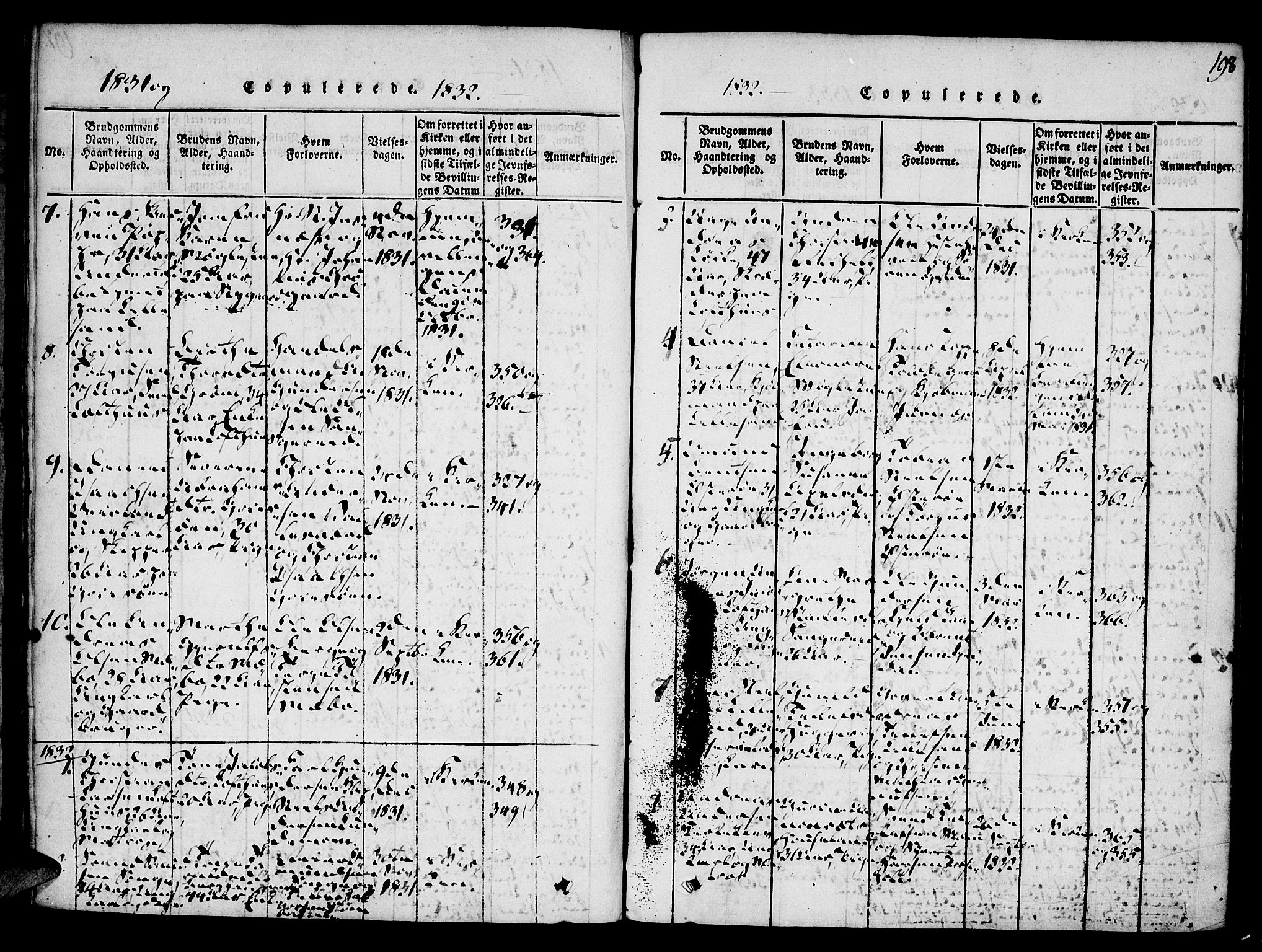 Vestre Moland sokneprestkontor, SAK/1111-0046/F/Fa/Fab/L0003: Parish register (official) no. A 3, 1816-1843, p. 198