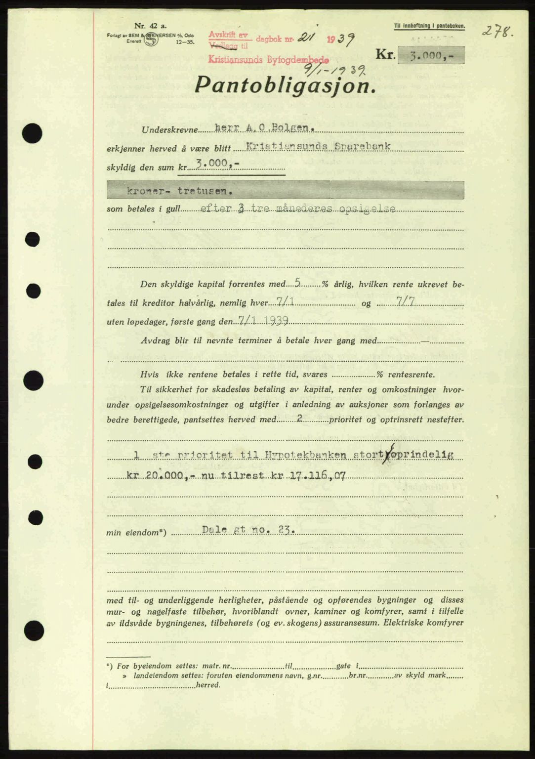 Kristiansund byfogd, SAT/A-4587/A/27: Mortgage book no. 31, 1938-1939, Diary no: : 21/1939