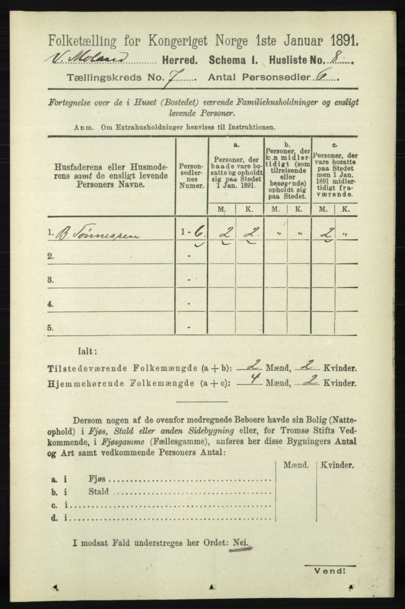 RA, 1891 census for 0926 Vestre Moland, 1891, p. 2767