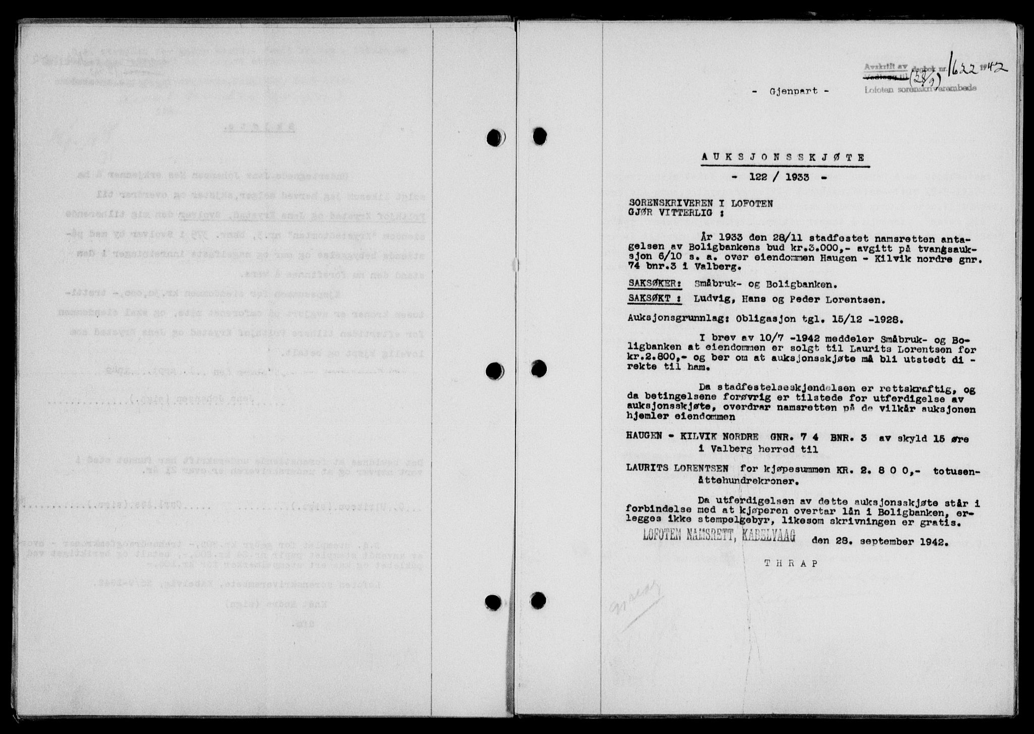 Lofoten sorenskriveri, SAT/A-0017/1/2/2C/L0010a: Mortgage book no. 10a, 1942-1943, Diary no: : 1622/1942