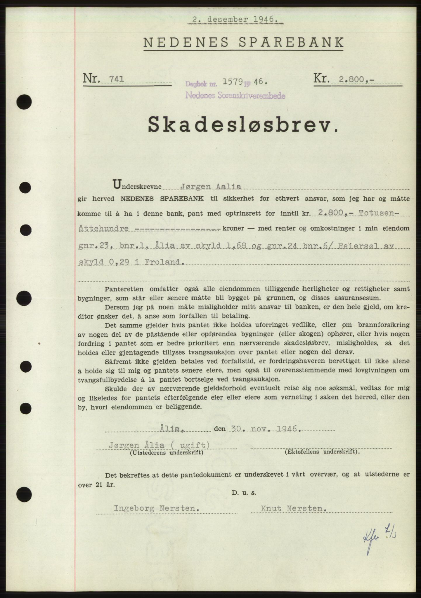 Nedenes sorenskriveri, SAK/1221-0006/G/Gb/Gbb/L0003: Mortgage book no. B3b, 1946-1946, Diary no: : 1579/1946