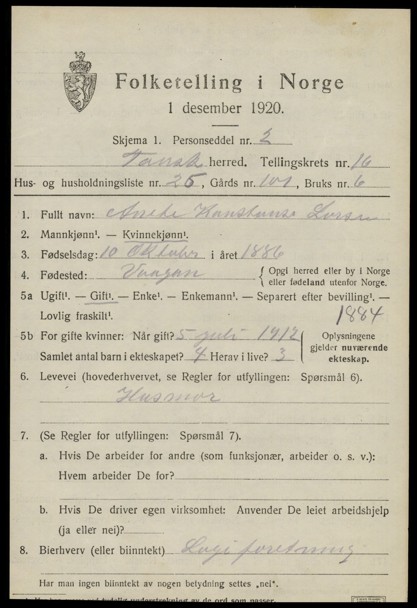 SAT, 1920 census for Fauske, 1920, p. 10118