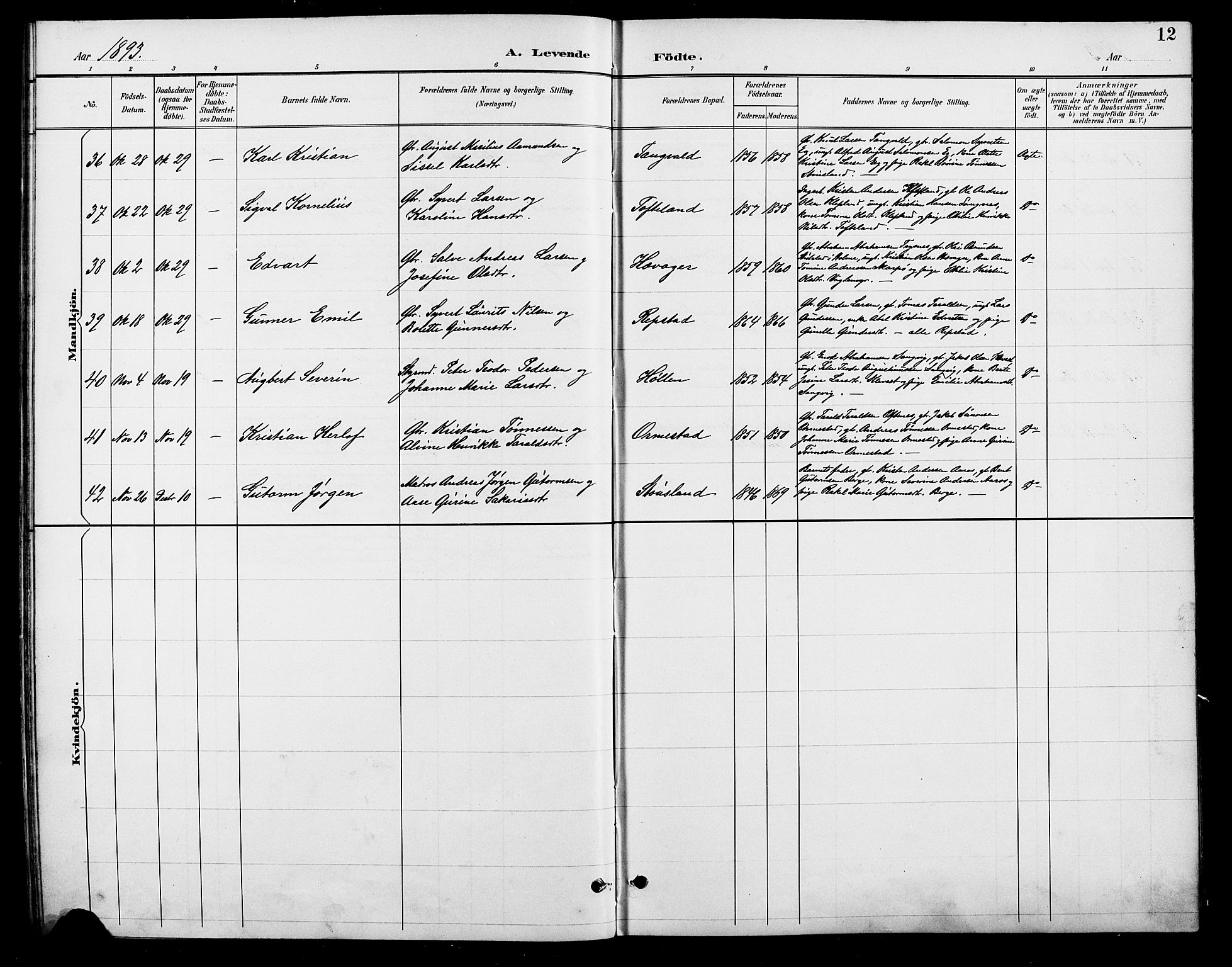 Søgne sokneprestkontor, AV/SAK-1111-0037/F/Fb/Fbb/L0006: Parish register (copy) no. B 6, 1892-1911, p. 12