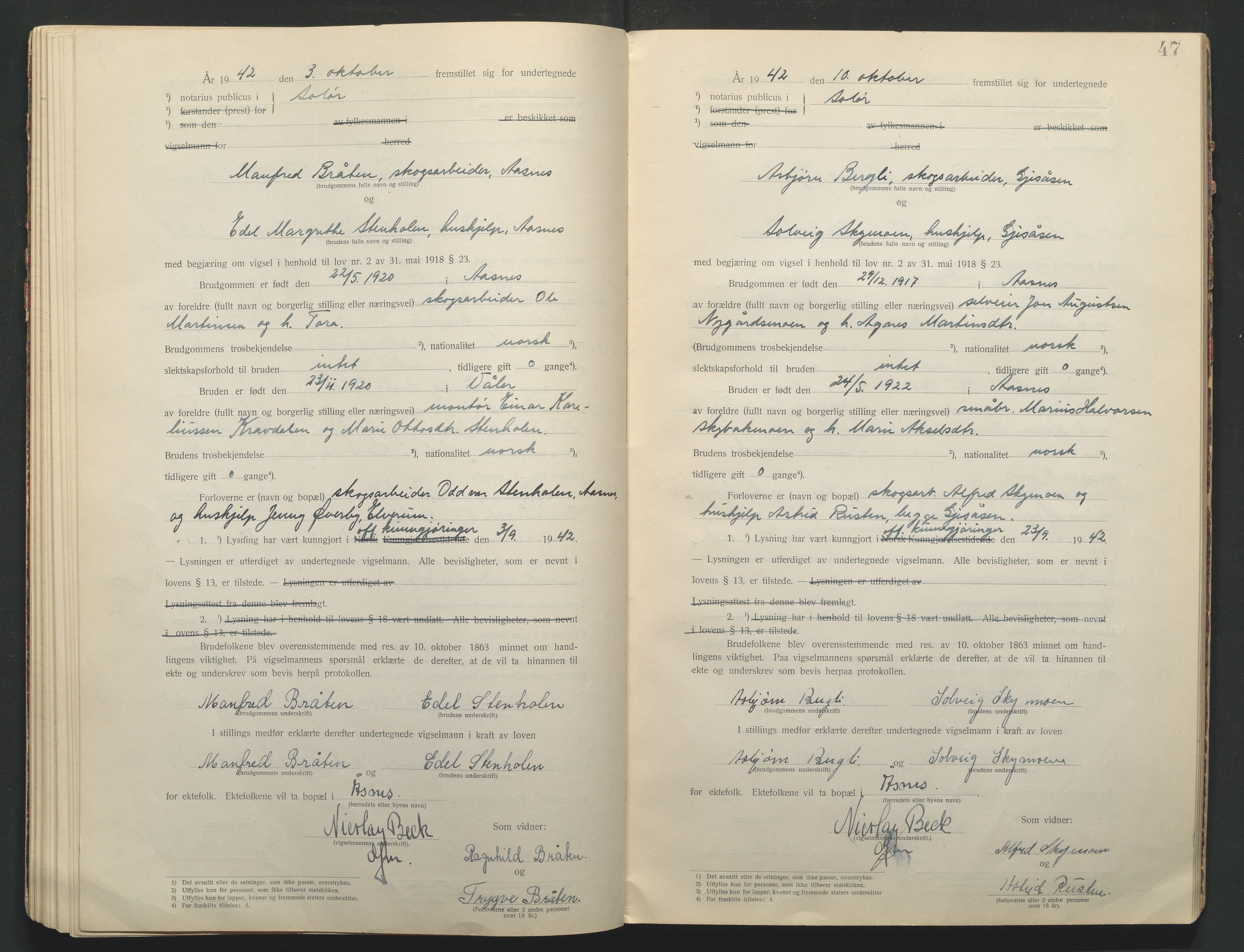 Solør tingrett, AV/SAH-TING-008/L/Lb/L0001: Vigselprotokoll, 1920-1943, p. 47
