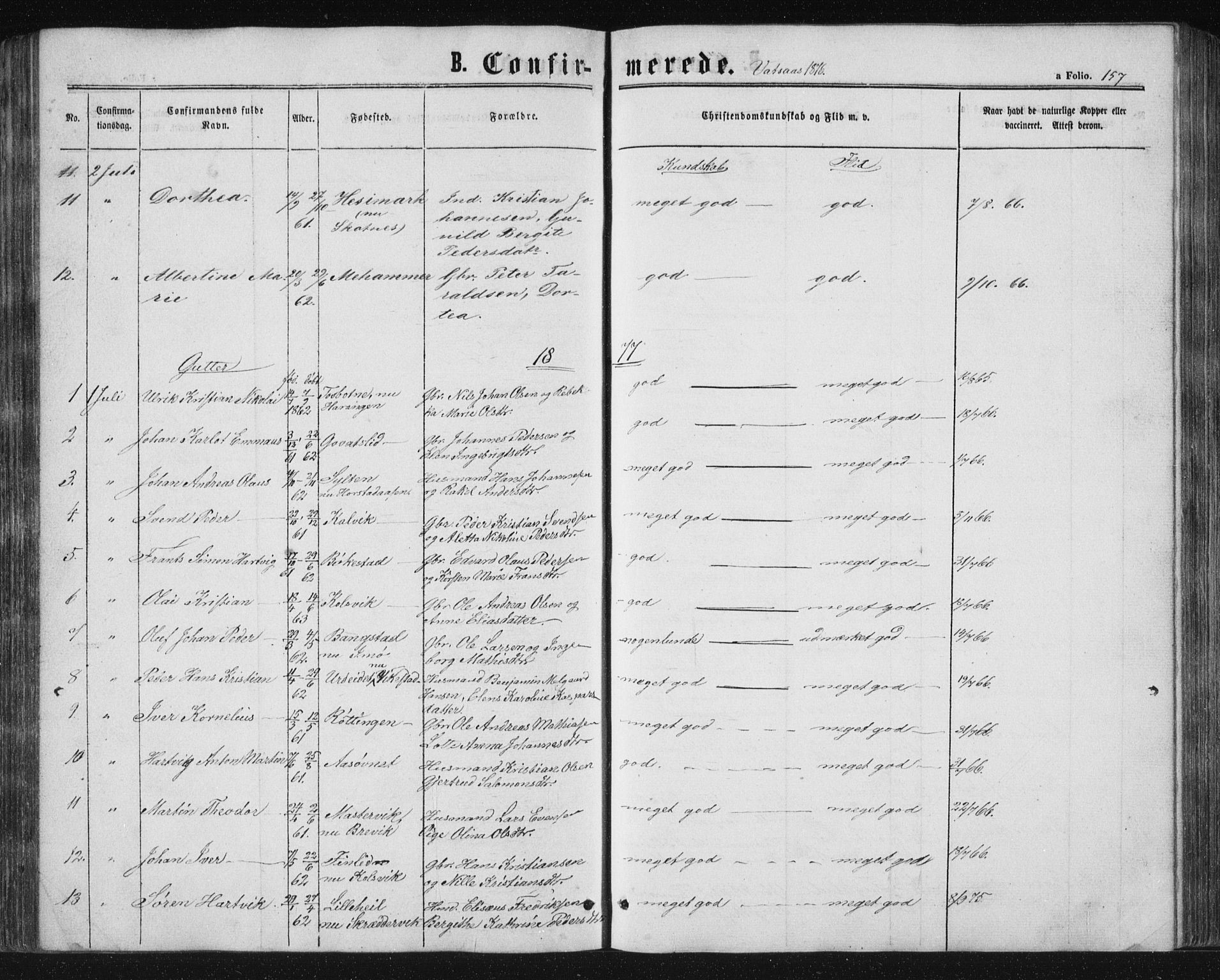 Ministerialprotokoller, klokkerbøker og fødselsregistre - Nordland, SAT/A-1459/810/L0158: Parish register (copy) no. 810C02 /1, 1863-1883, p. 157