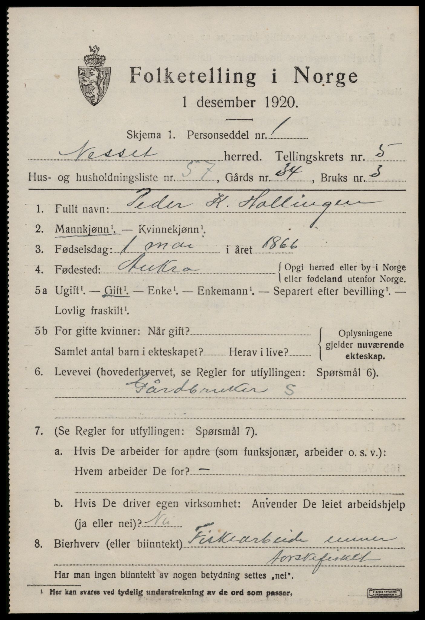 SAT, 1920 census for Nesset, 1920, p. 2794