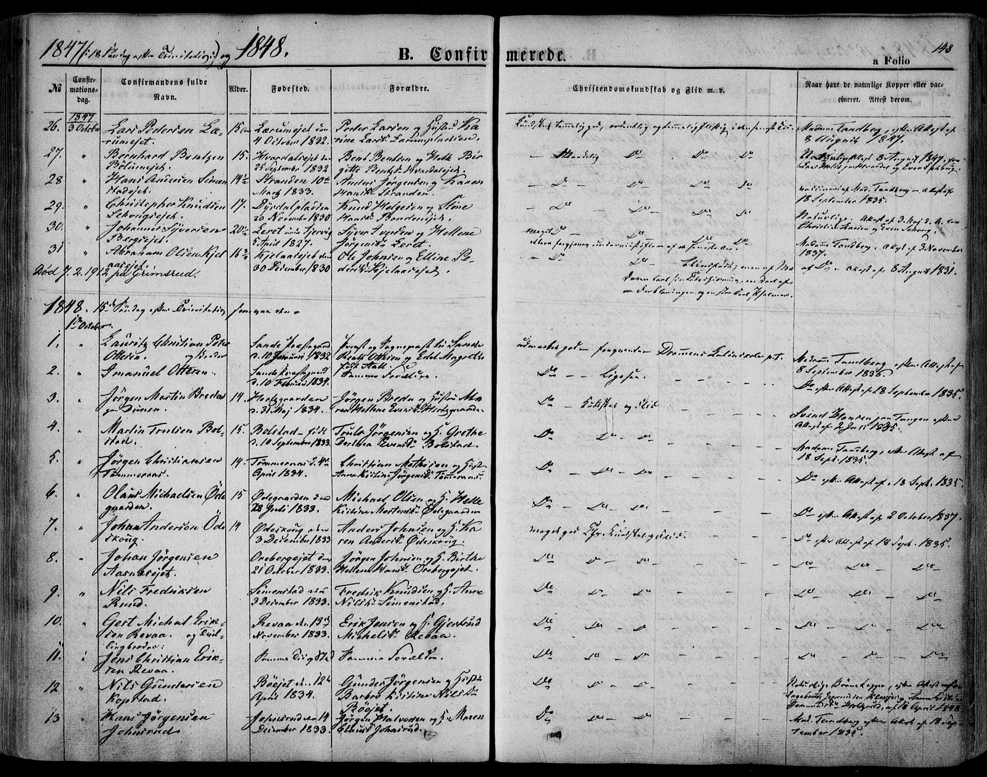 Sande Kirkebøker, SAKO/A-53/F/Fa/L0004: Parish register (official) no. 4, 1847-1864, p. 148