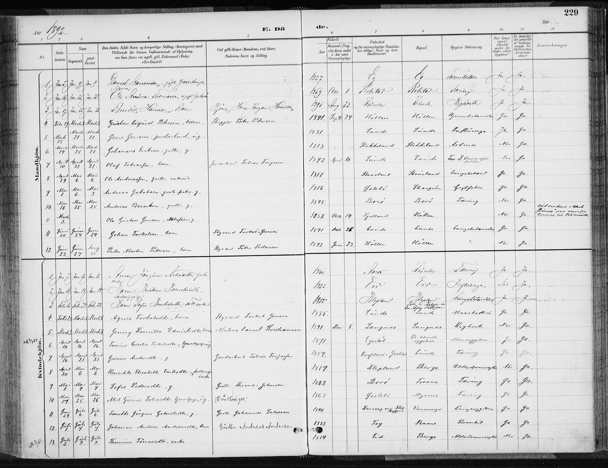 Søgne sokneprestkontor, SAK/1111-0037/F/Fa/Fab/L0013: Parish register (official) no. A 13, 1892-1911, p. 229