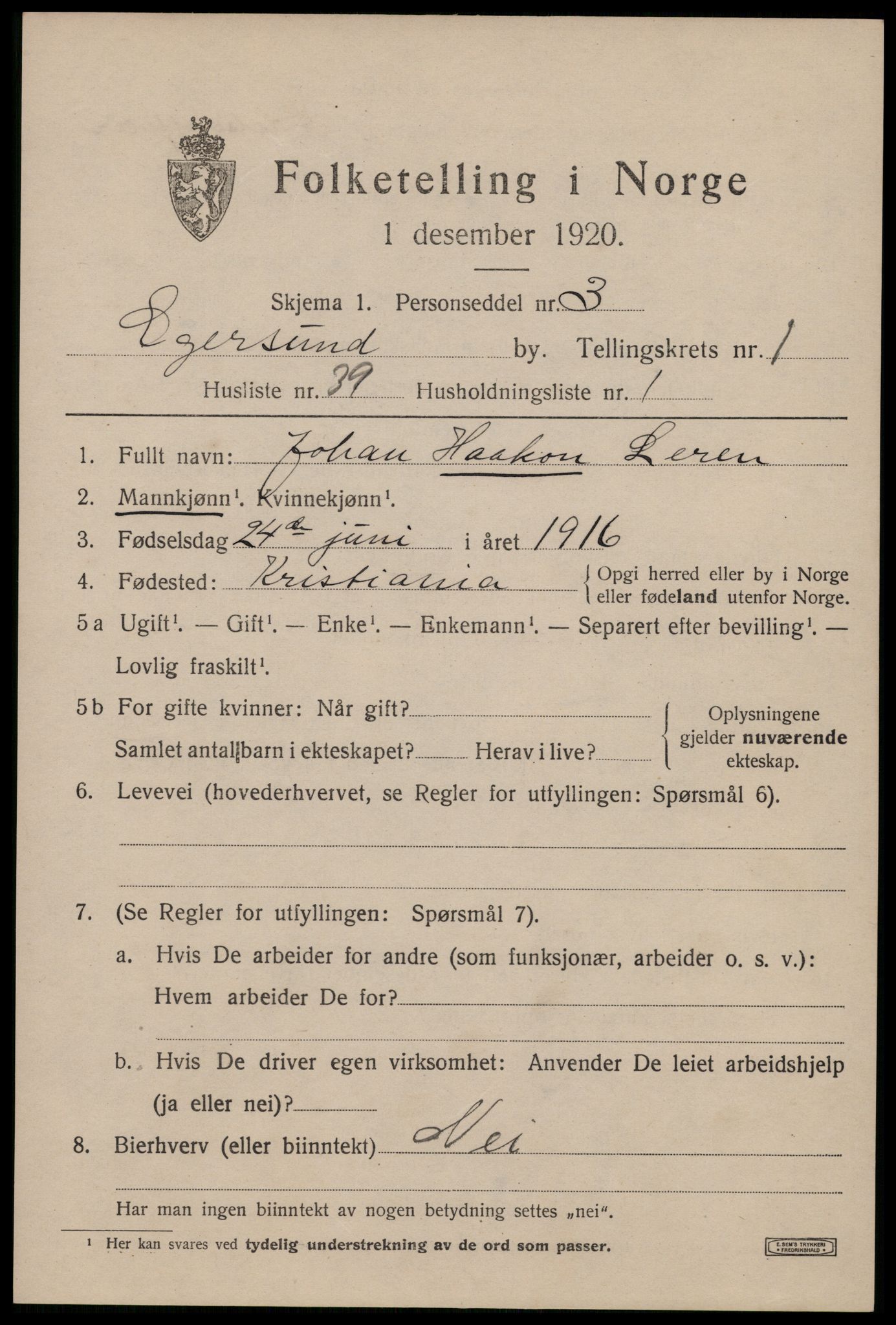 SAST, 1920 census for Egersund town, 1920, p. 3208