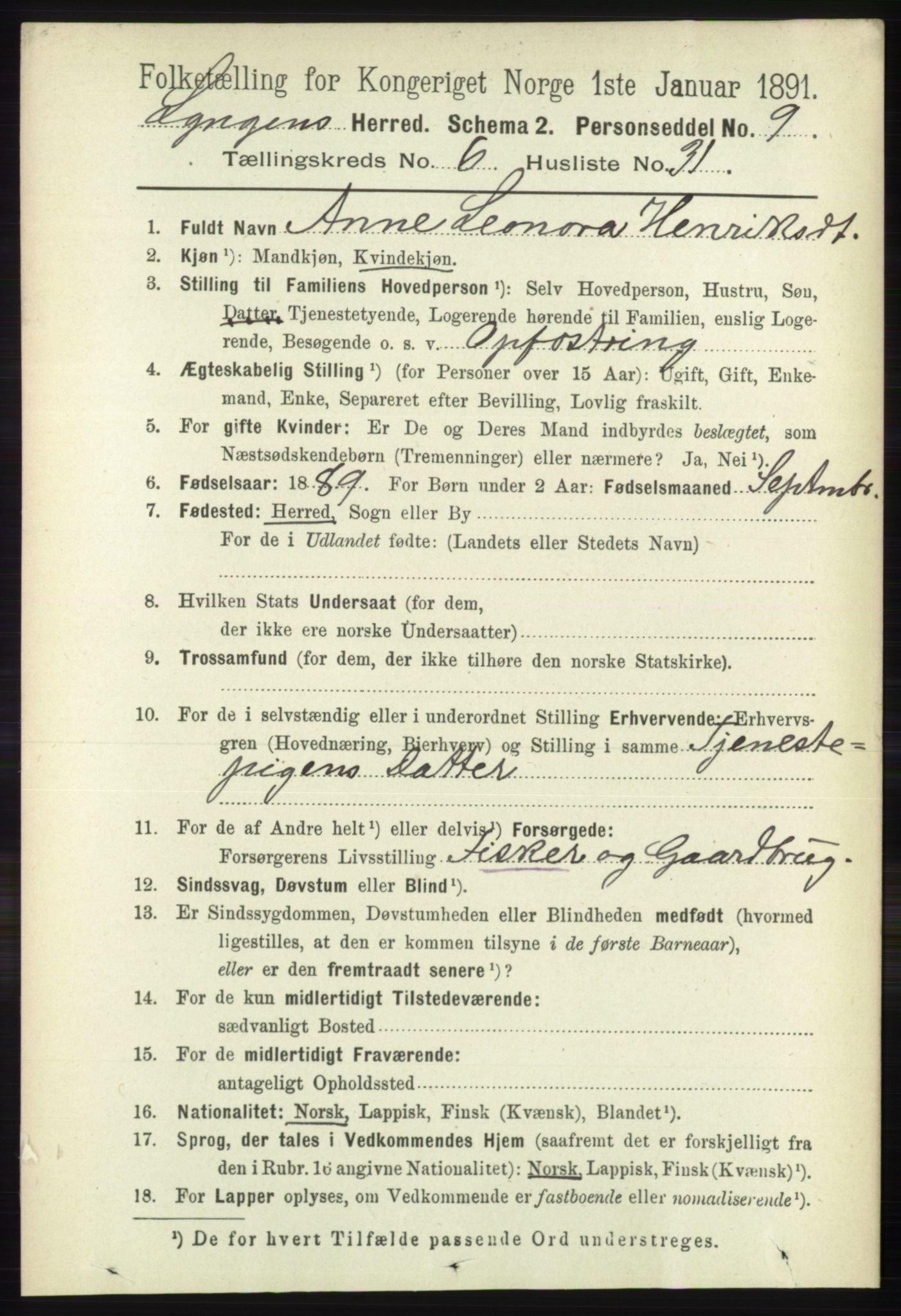 RA, 1891 census for 1938 Lyngen, 1891, p. 5478