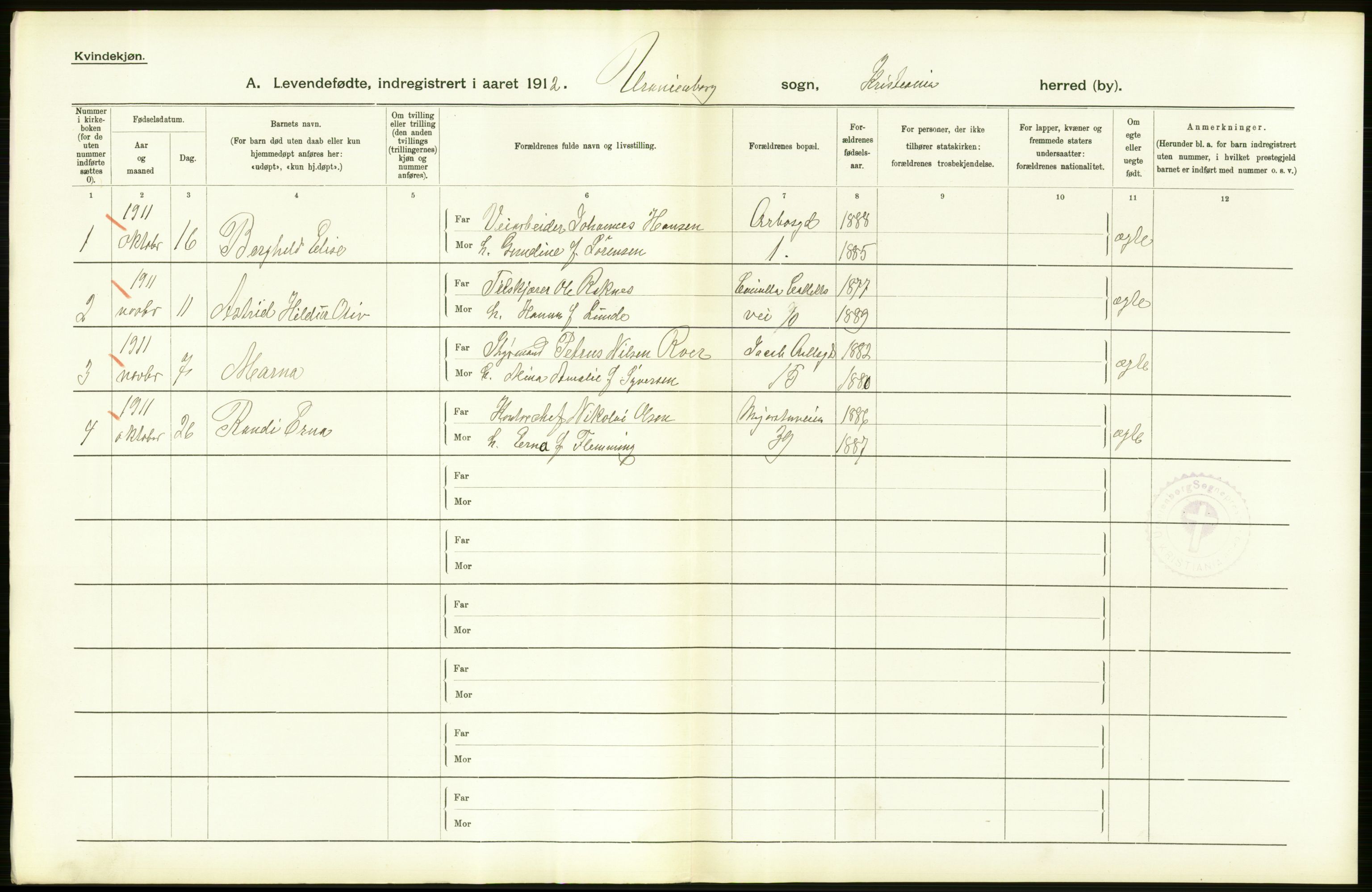 Statistisk sentralbyrå, Sosiodemografiske emner, Befolkning, AV/RA-S-2228/D/Df/Dfb/Dfbb/L0007: Kristiania:  Levendefødte menn og kvinner., 1912, p. 616