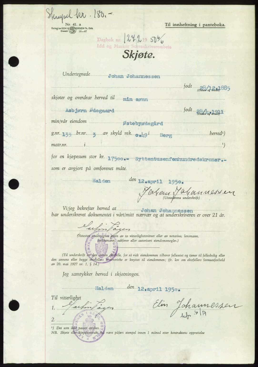 Idd og Marker sorenskriveri, AV/SAO-A-10283/G/Gb/Gbb/L0014: Mortgage book no. A14, 1950-1950, Diary no: : 1272/1950