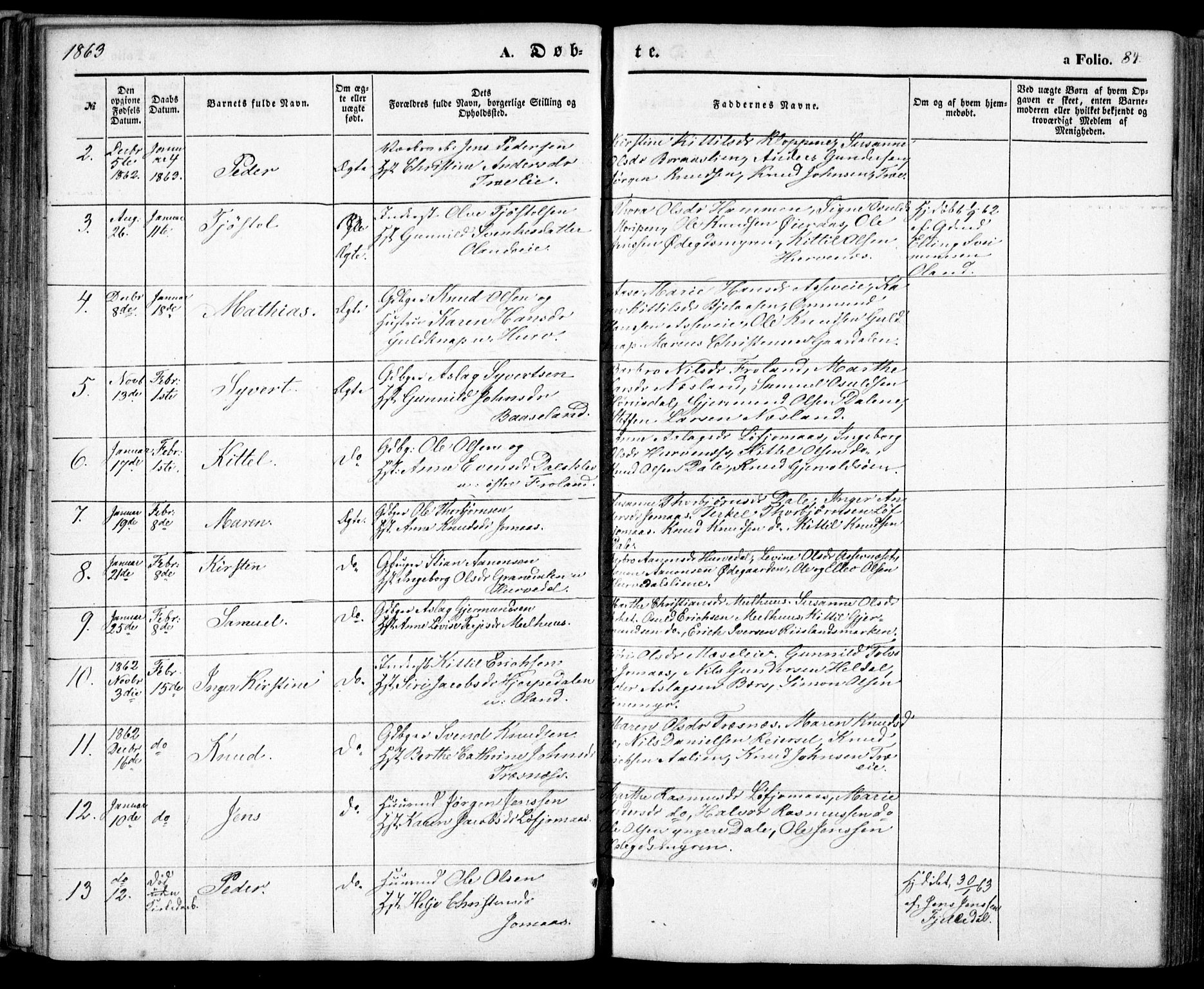 Froland sokneprestkontor, SAK/1111-0013/F/Fa/L0002: Parish register (official) no. A 2, 1845-1863, p. 84