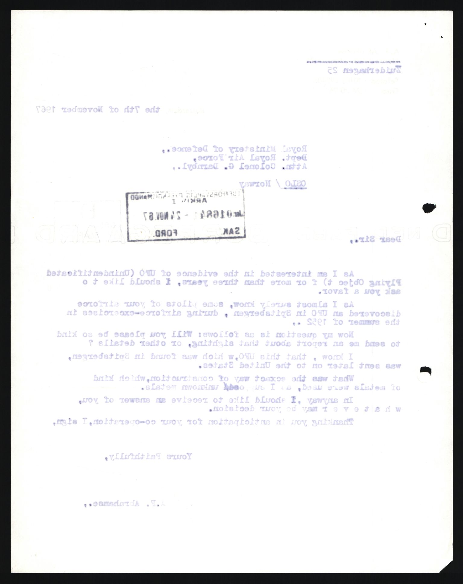 Forsvaret, Luftforsvarets overkommando/Luftforsvarsstaben, AV/RA-RAFA-2246/1/D/Da/L0124/0001: -- / UFO OVER NORSK TERRITORIUM, 1954-1970, p. 178