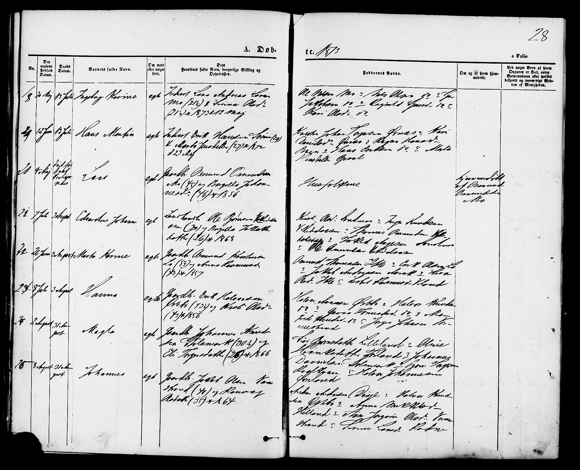 Vikedal sokneprestkontor, SAST/A-101840/01/IV: Parish register (official) no. A 7, 1868-1883, p. 28
