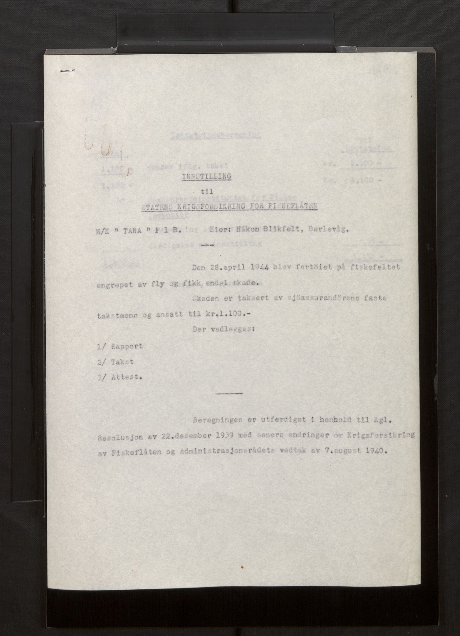 Fiskeridirektoratet - 1 Adm. ledelse - 13 Båtkontoret, AV/SAB-A-2003/La/L0008: Statens krigsforsikring for fiskeflåten, 1936-1971, p. 337