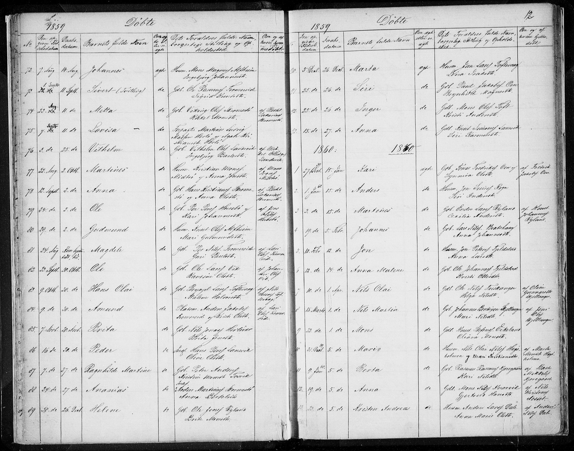 Herdla Sokneprestembete, AV/SAB-A-75701/H/Haa: Parish register (official) no. A 1, 1855-1869, p. 12